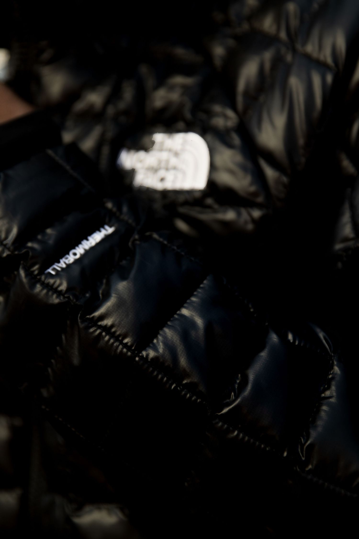 Close-up detail of black quilted North Face puffer jacket in dramatic shadow and light.