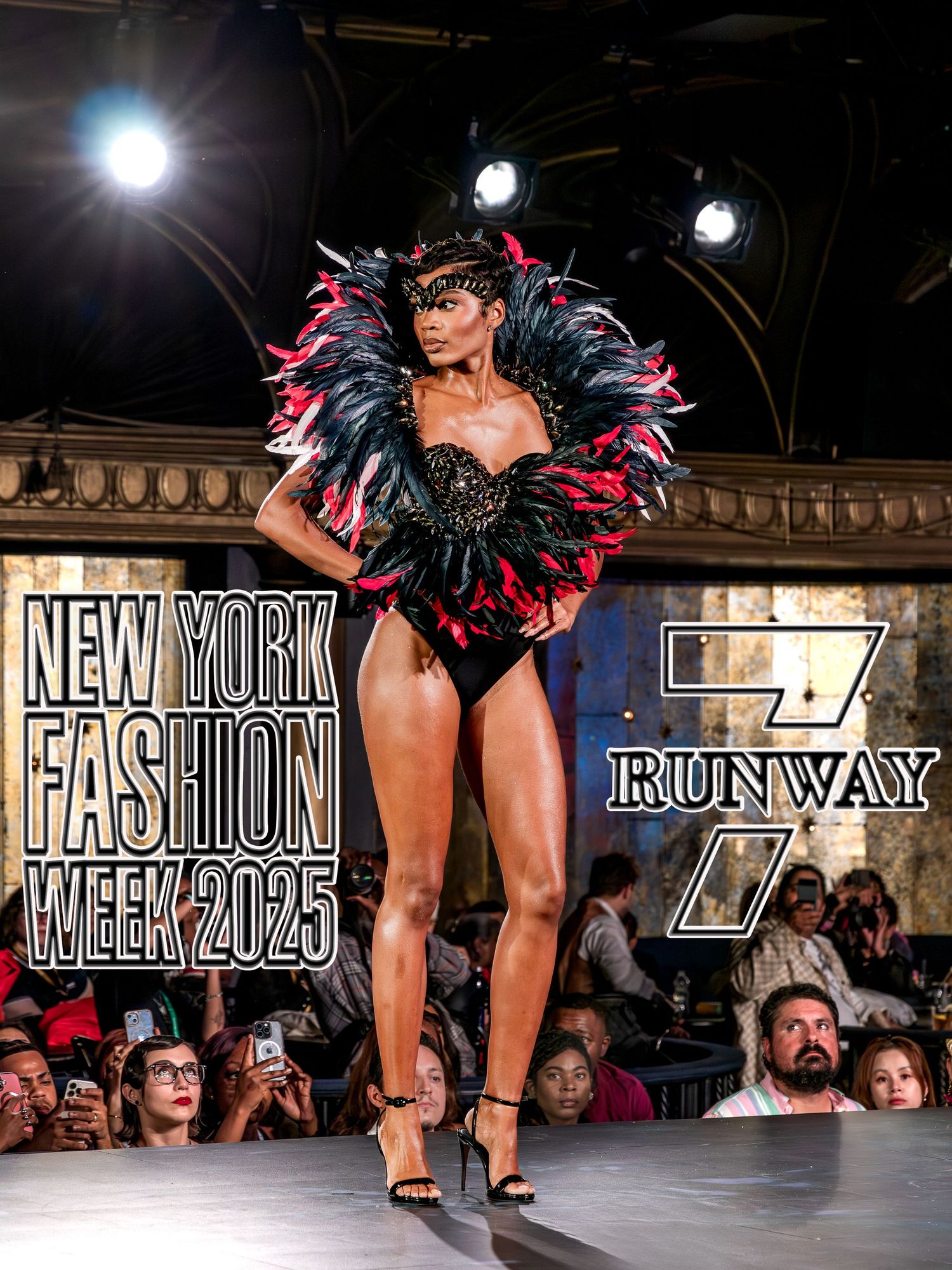 Model in feathered black bodysuit on New York Fashion Week 2025 runway show stage.
