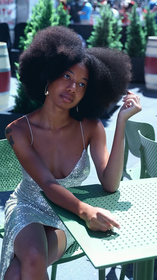 GIF of a young woman with long curly afro and twirling her hair on a busy New York City street.