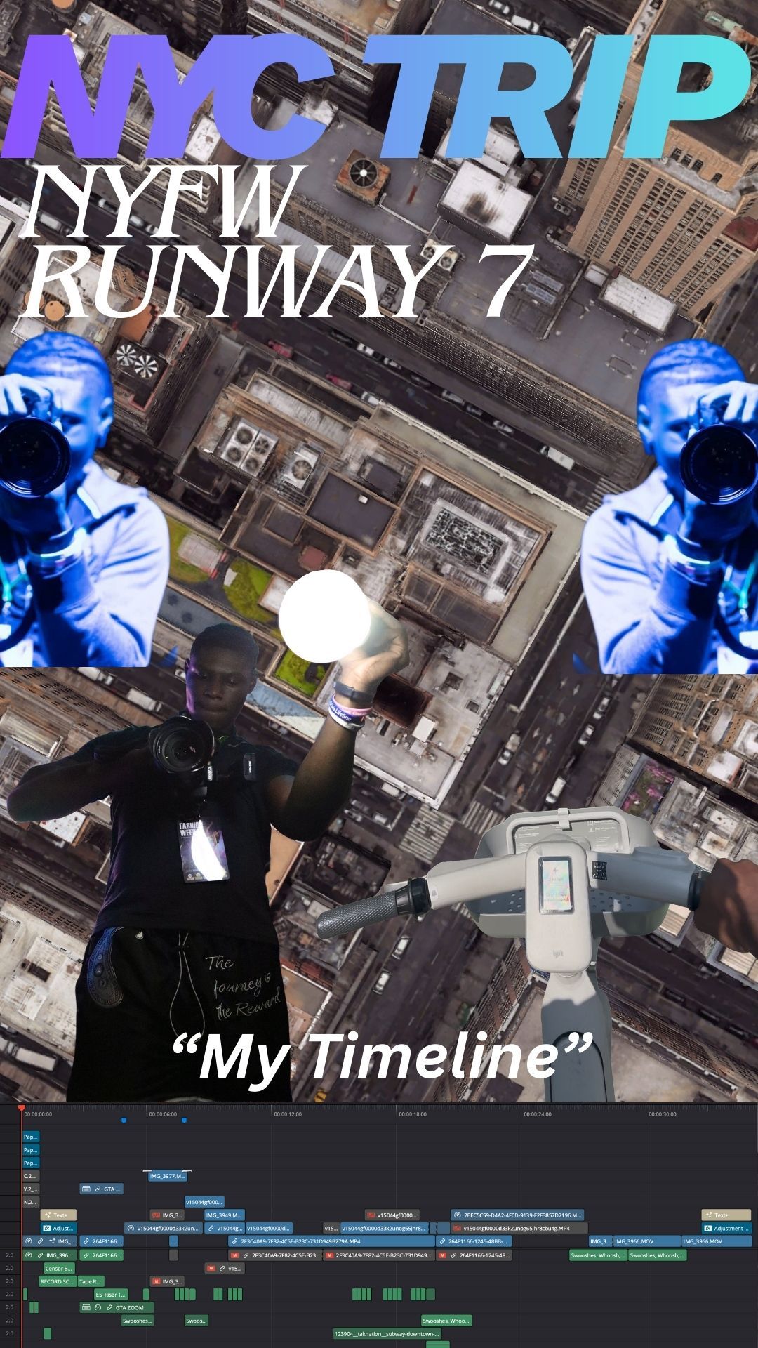NYC Fashion Week NYFW Runway 7 promotional collage with aerial city view and blue-tinted figures overlay.