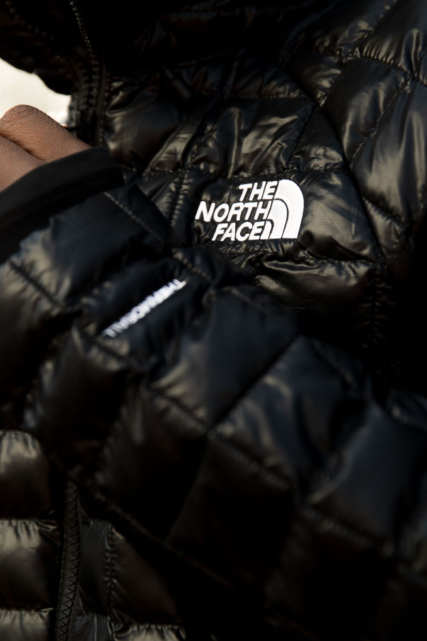 Close-up of black shiny The North Face puffer jacket with white logo patch detail.