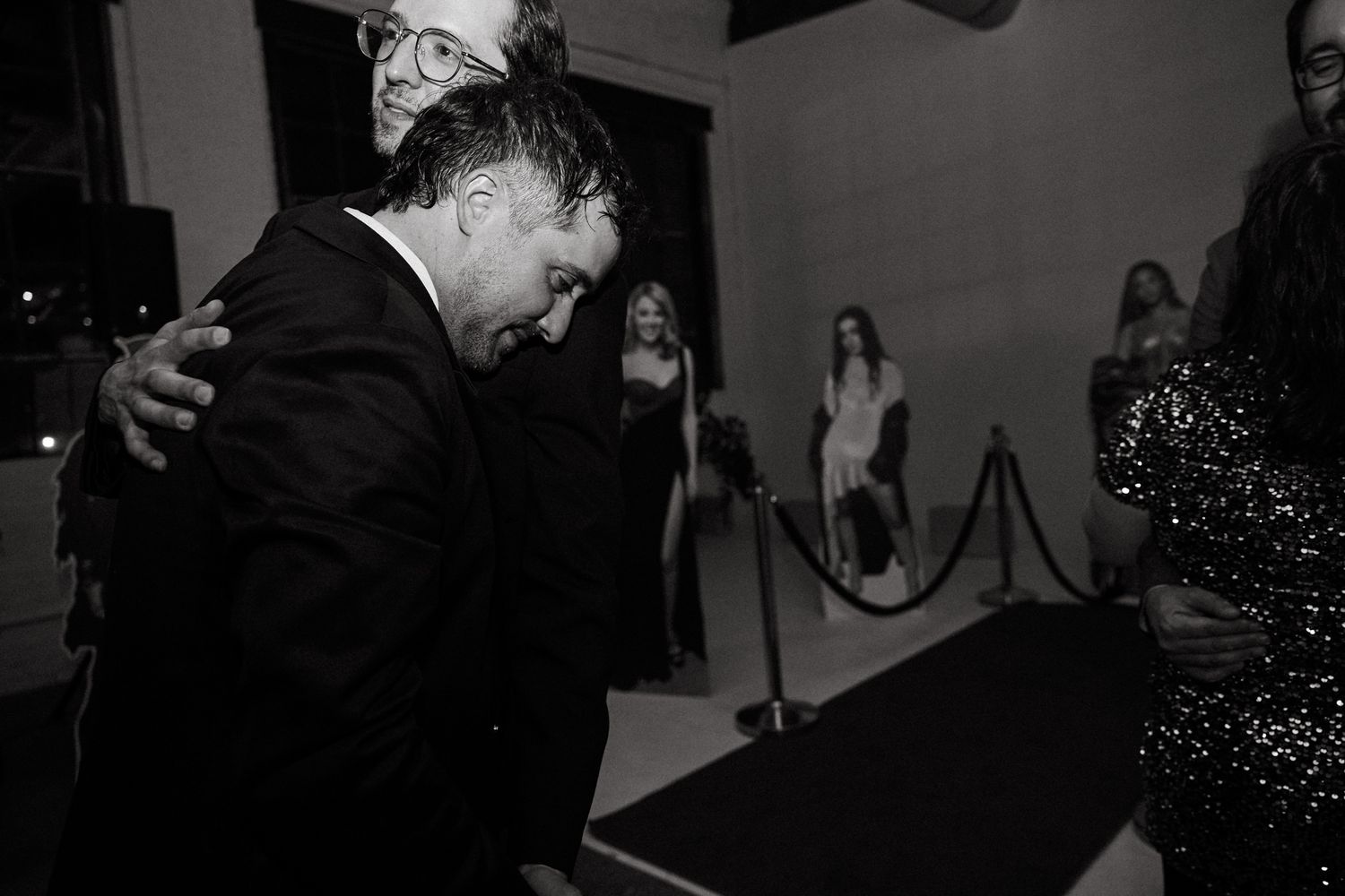 A black and white collage of candid party moments showing dancing and celebration at a social gathering.