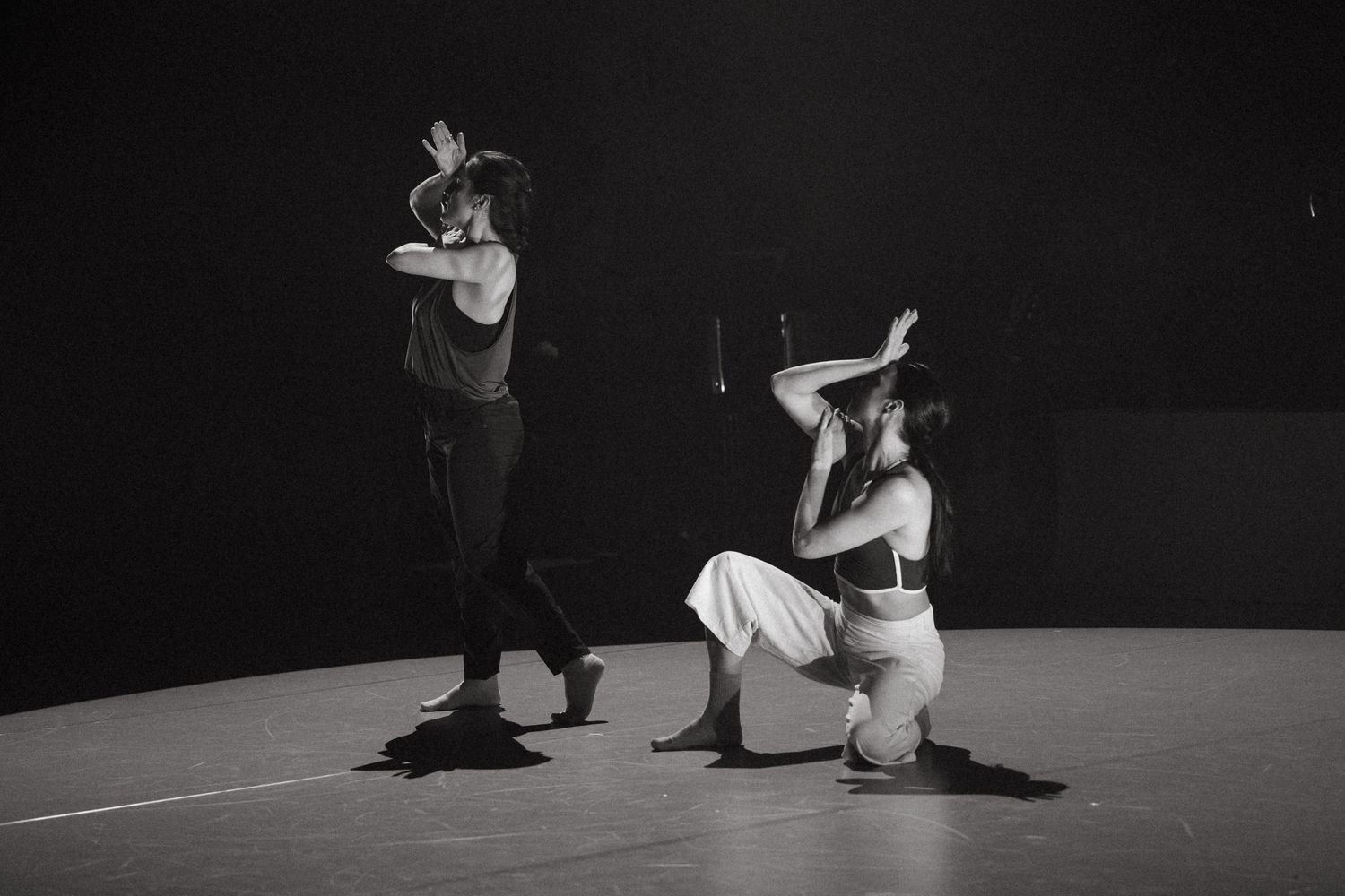 Two dancers perform an intense contemporary duet on a dark stage, displaying powerful movements and emotional expression.
