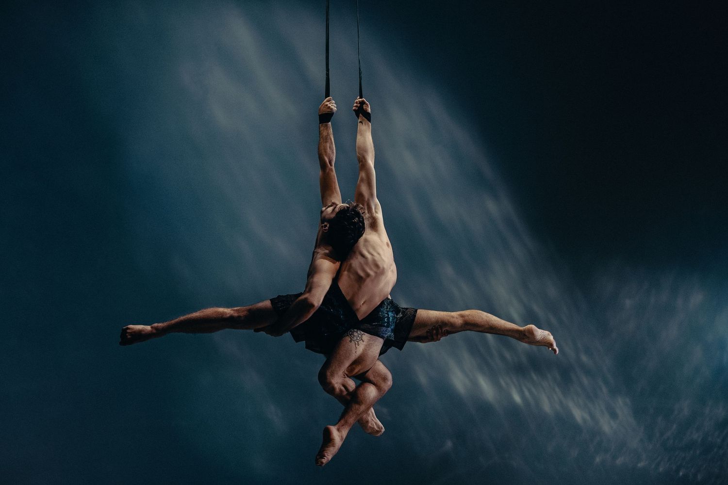 A figure performs acrobatic aerial feats swinging from bars against a dramatic dark gray backdrop.