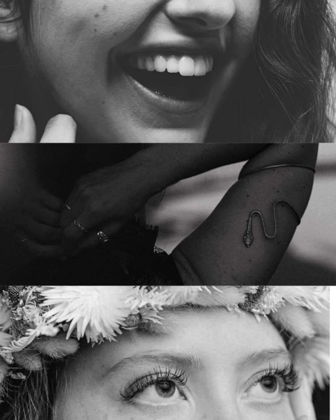 A triptych collage showing close-up shots of a smile, a minimal snake tattoo, and eyes with delicate white flowers.