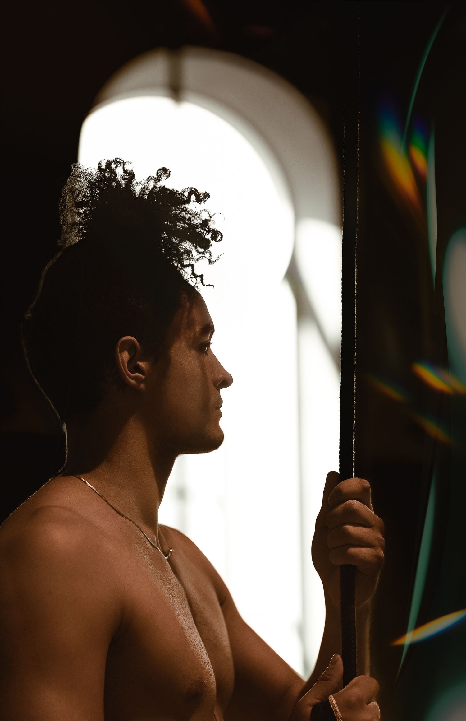 A silhouetted figure stands in profile view by a bright arched window with rainbow light reflections cast on the wall.