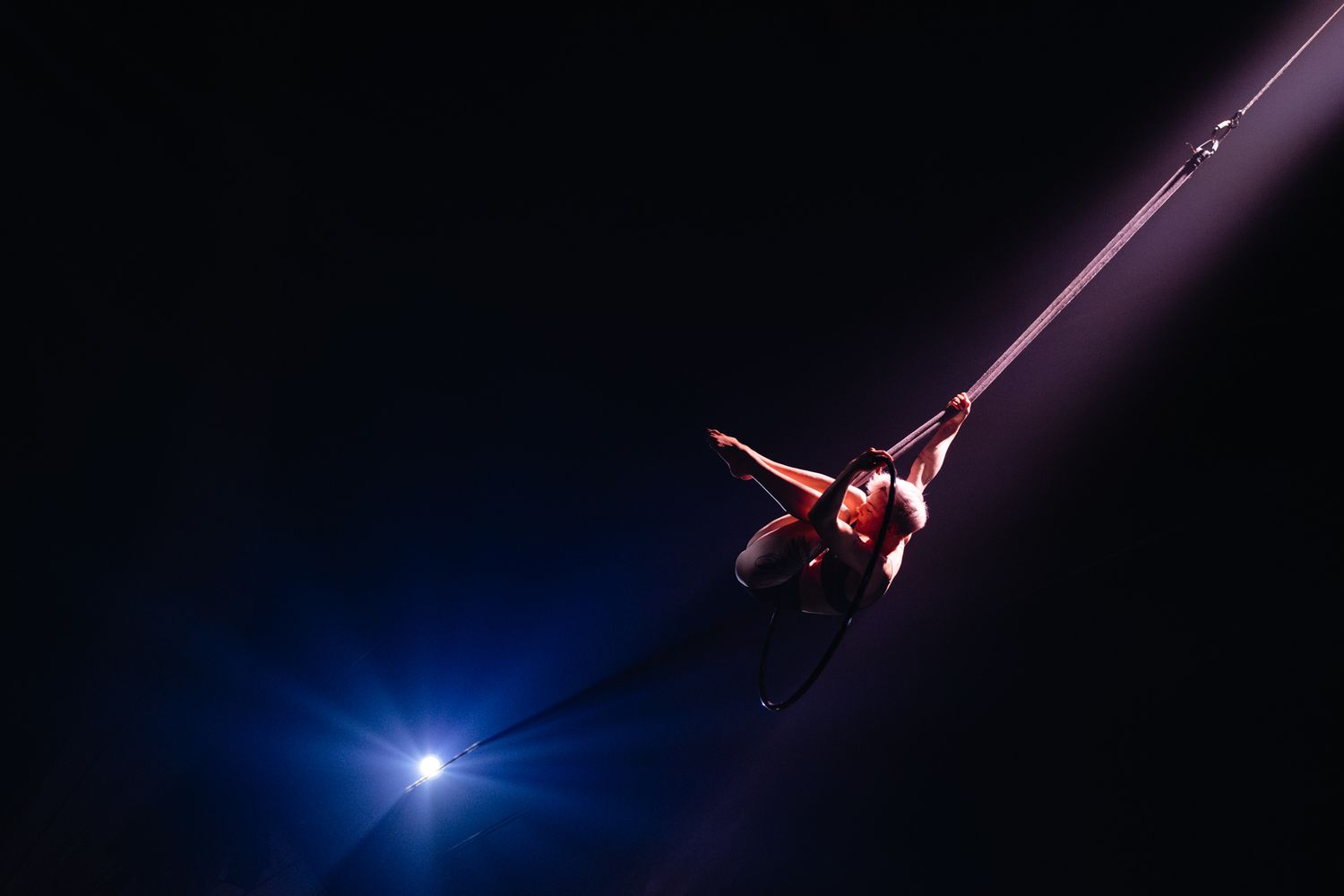 Silhouette of an aerialist performer suspended in the air against dramatic purple and blue stage lighting.