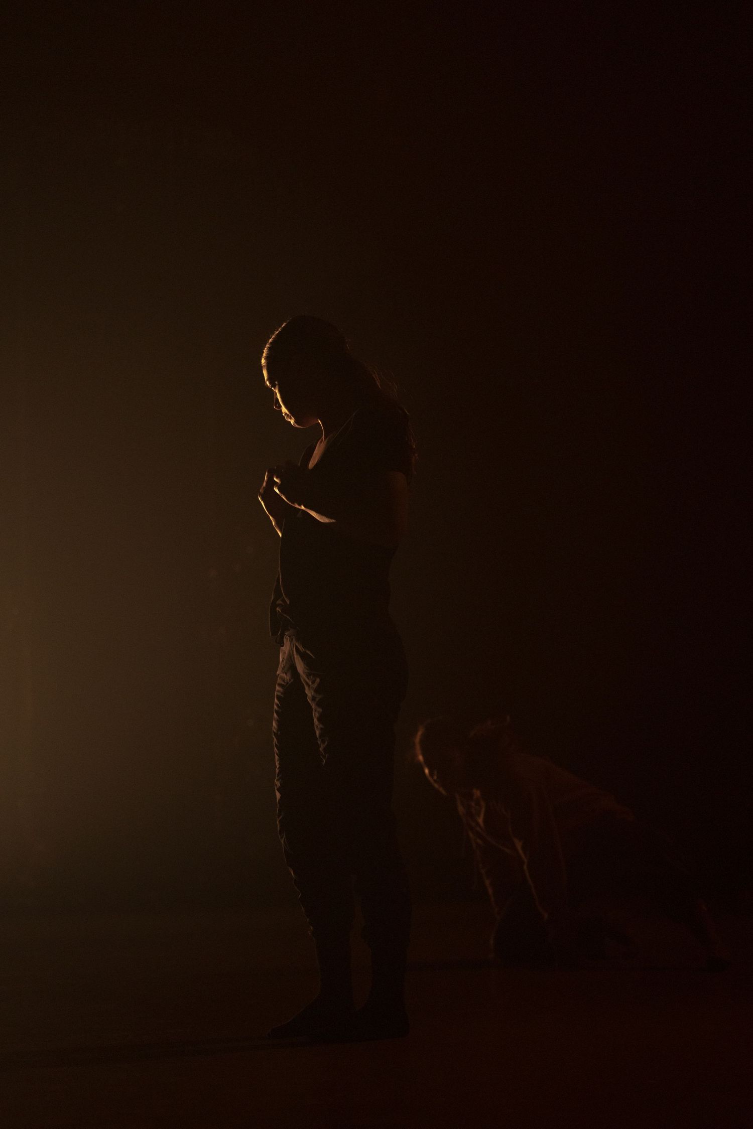 Silhouetted figure with arms raised stands dramatically against a dark, moody background illuminated by dramatic lighting.