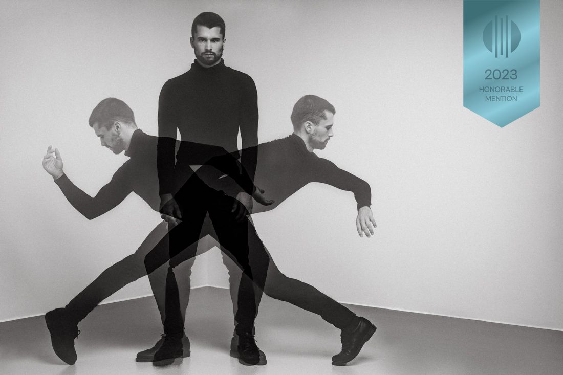 Two black and white photos of a person dancing in front of a light colored wall with dynamic movement and shadows.