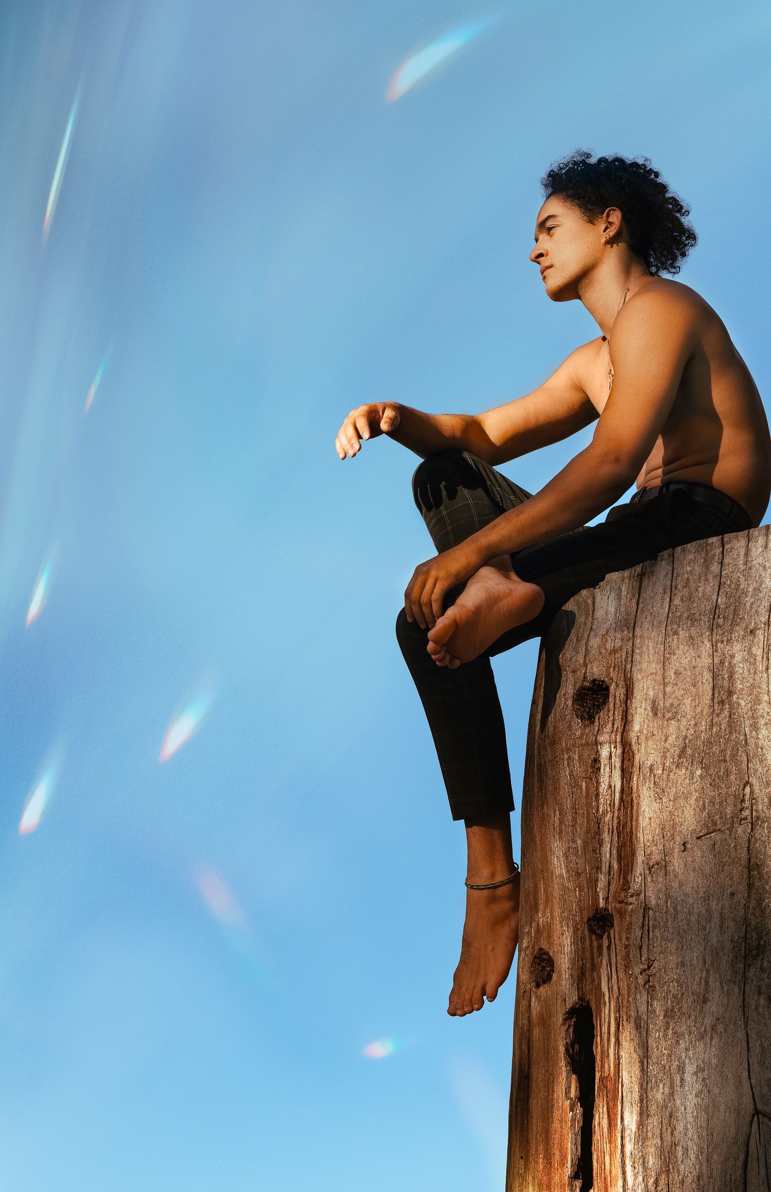 A silhouetted figure reclines atop a wooden post against a bright blue sky with lens flare effects.