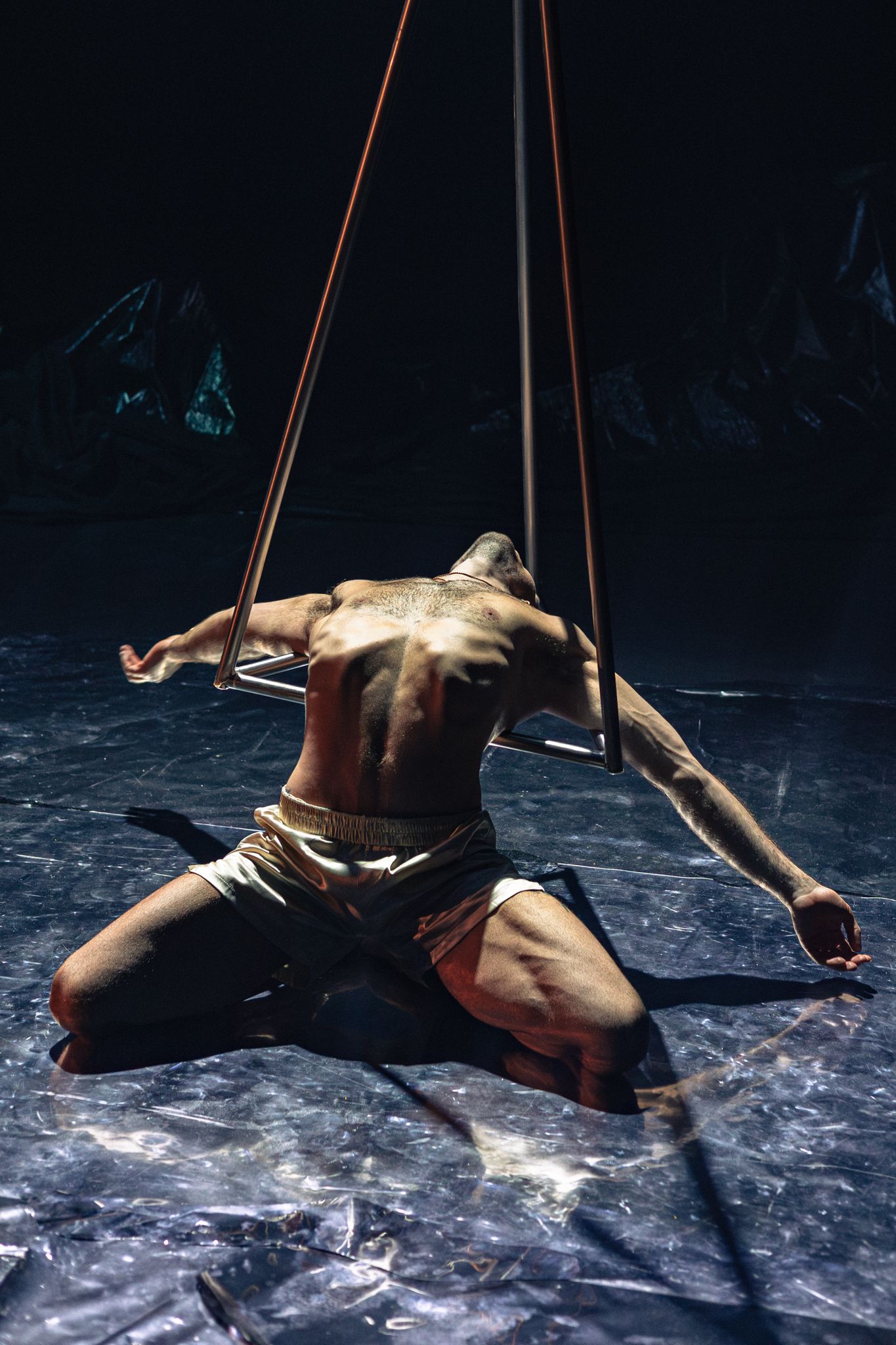 A muscular performer in aerial straps demonstrates strength and control in a dramatic pose against a dark backdrop.
