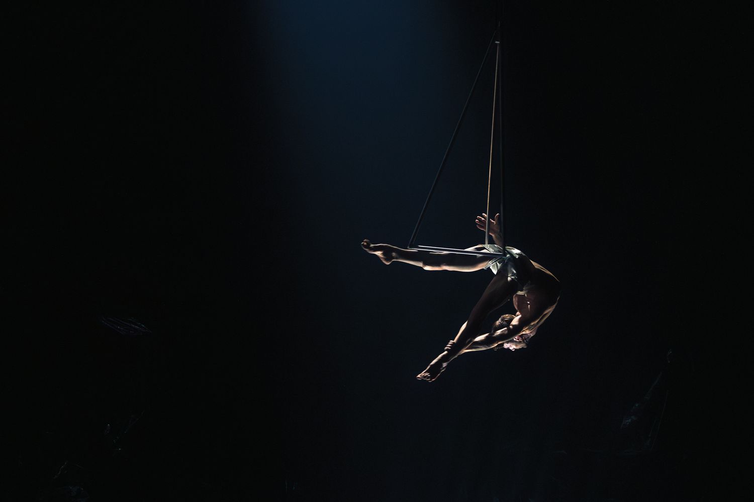 A series of dramatic silhouettes of acrobatic dancers performing graceful aerial movements against a dark background.