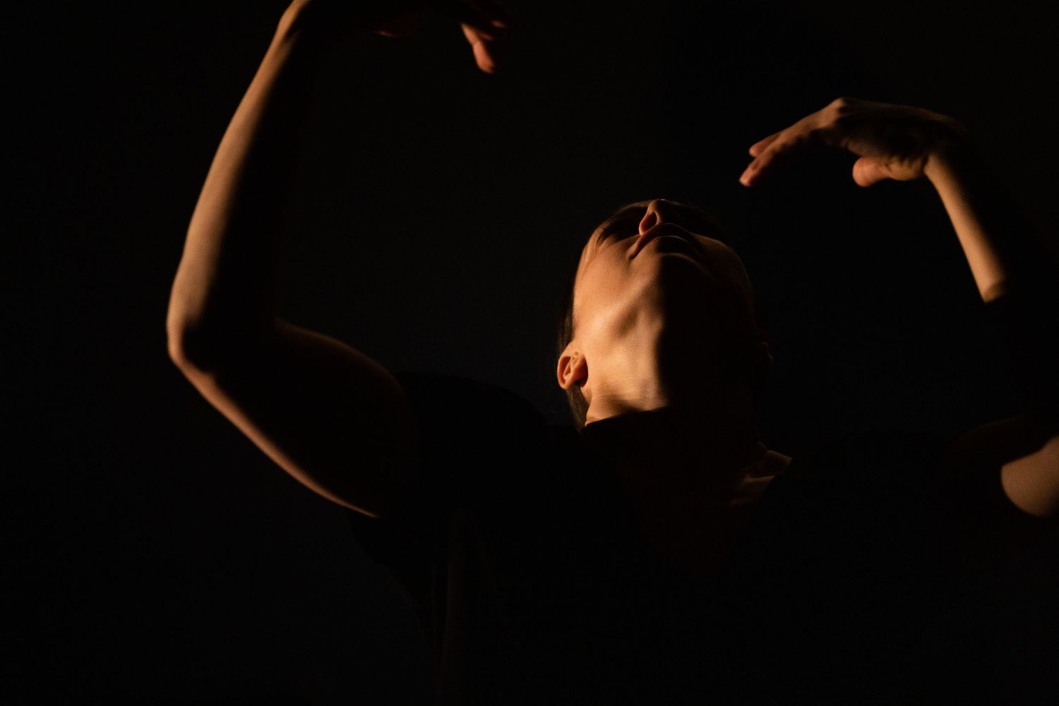 Six dark silhouettes dance in dramatic poses against a black background creating an artistic performance display.