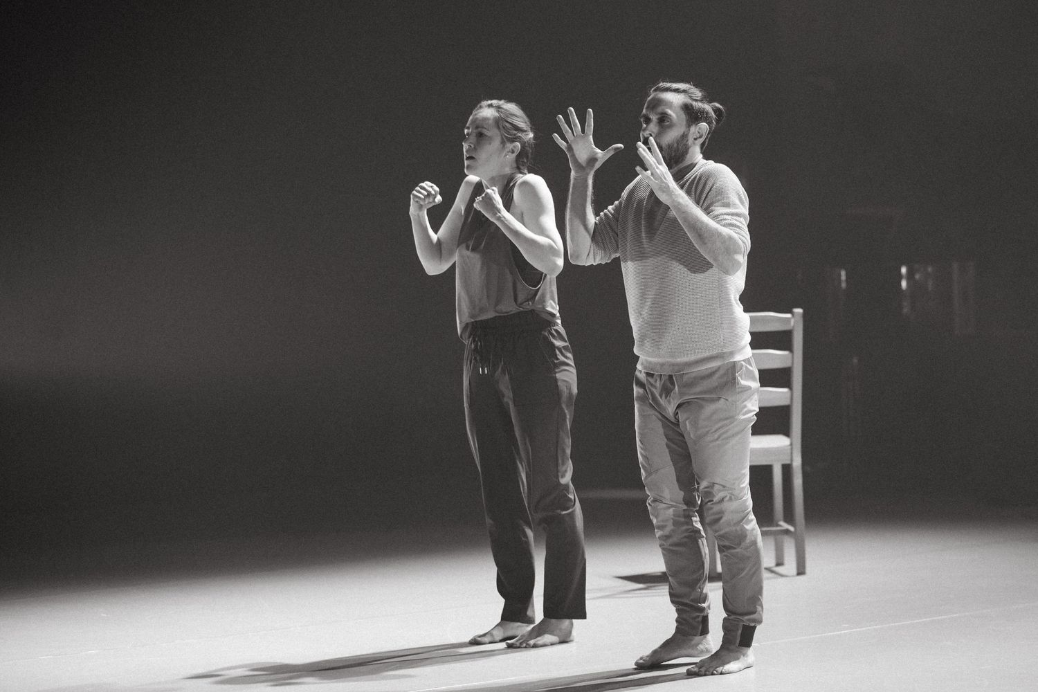 Two dancers performing a series of graceful silhouetted movements against a dark background in a dramatic sequence.