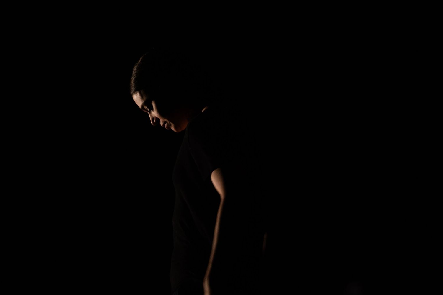 A row of dark silhouettes appears against a black background creating a minimalist artistic composition.