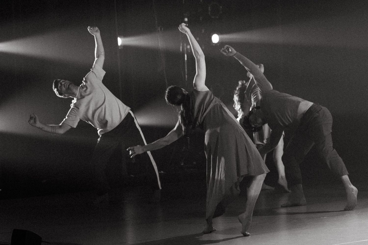 Dancers in flowing dresses perform a graceful contemporary dance sequence on a dimly lit stage.