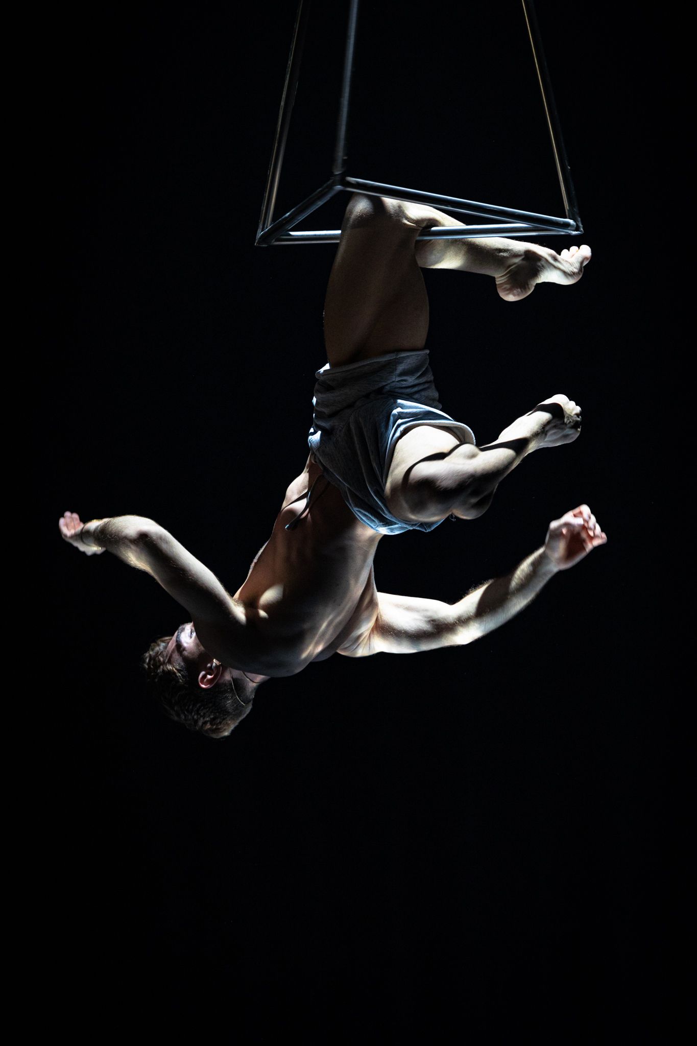 A dramatic aerial performer in dark attire suspended upside down against a black background during a circus act.