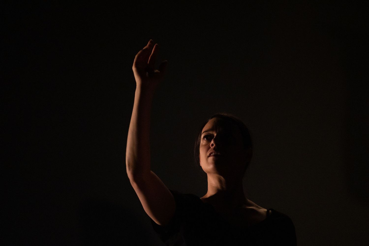 Dark silhouette figures perform theatrical dance poses against a black background creating dramatic shapes.