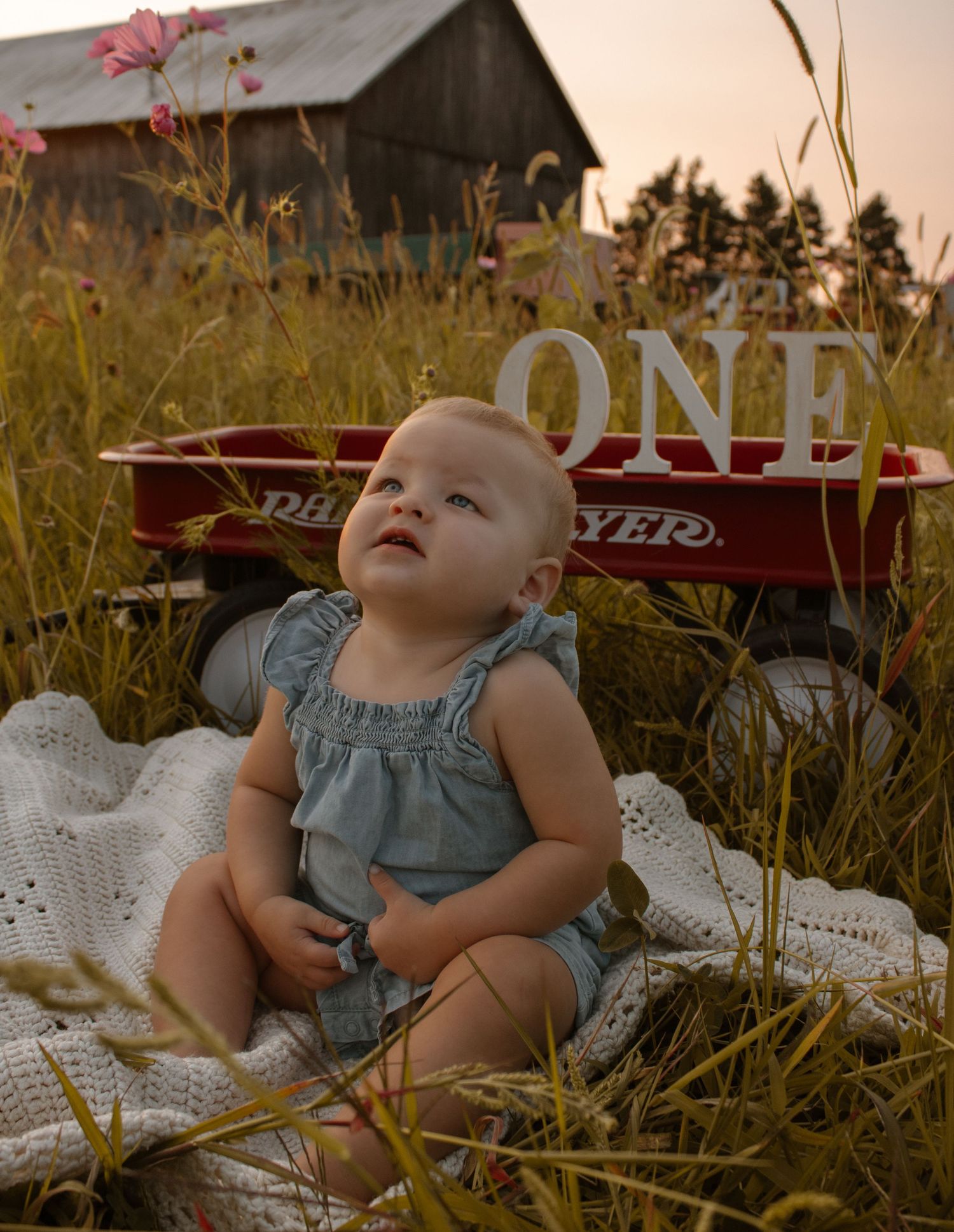 A small child in blue overalls sits on a white blanket next to a red wagon with 'ONE' text during golden hour.