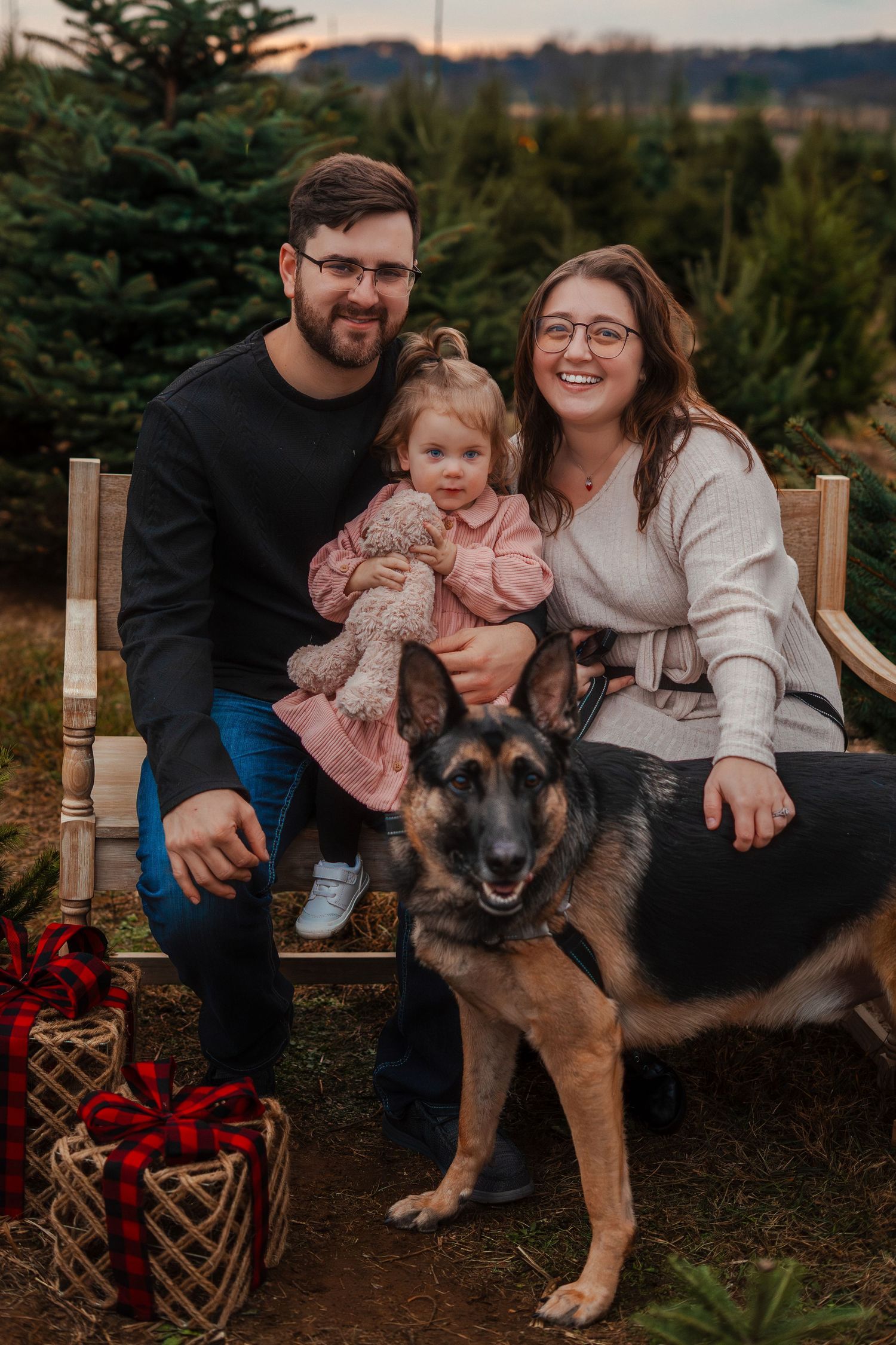 Family poses with their German Shepherd dog at Christmas tree farm with wrapped presents.