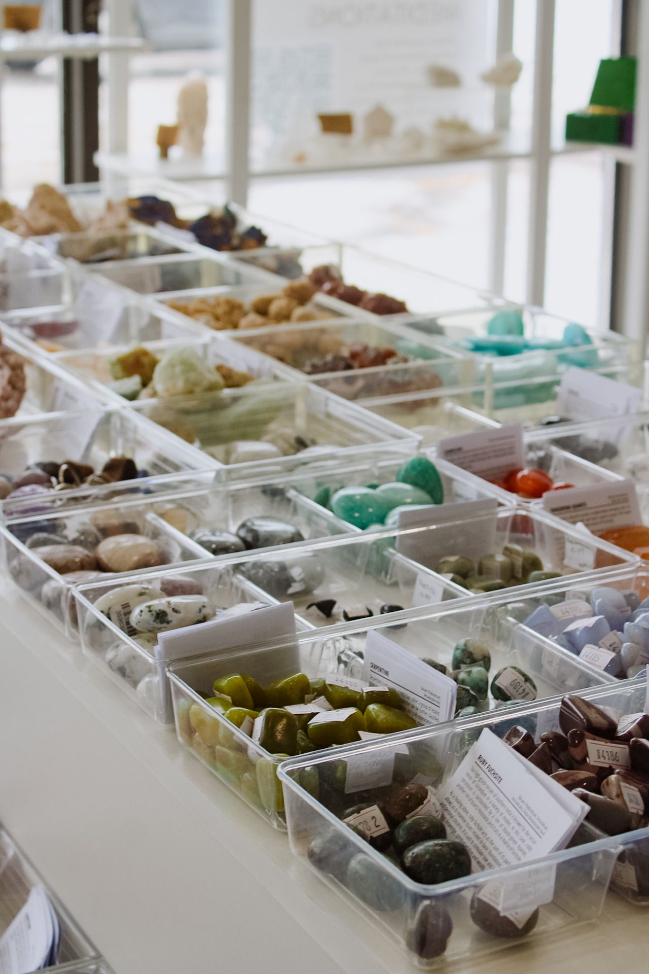 Clear plastic trays display a collection of colorful minerals, rocks, and gemstones in organized compartments at a retail shop.