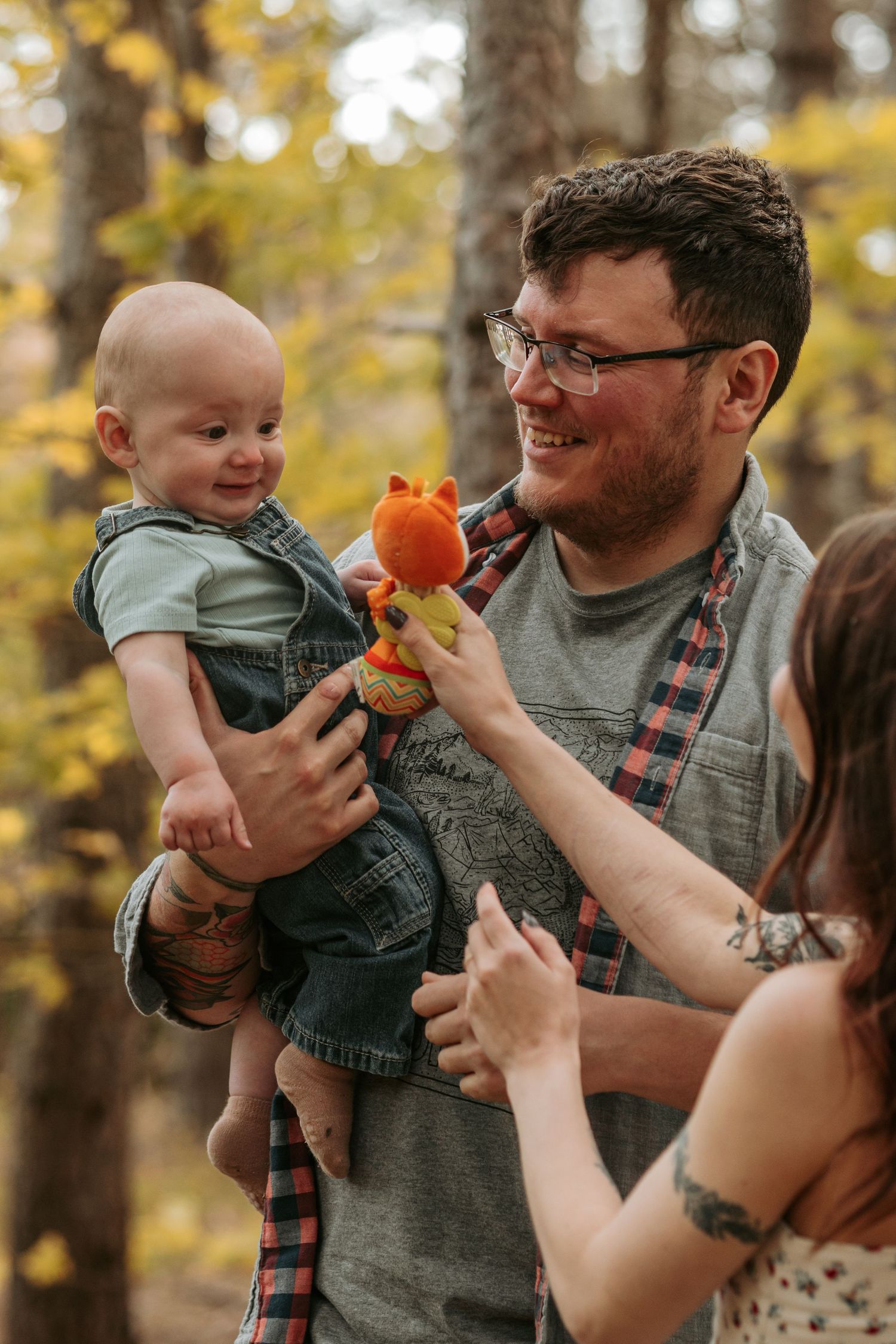 A collage showing playful moments between family members in a fall outdoor setting with golden foliage in the background.