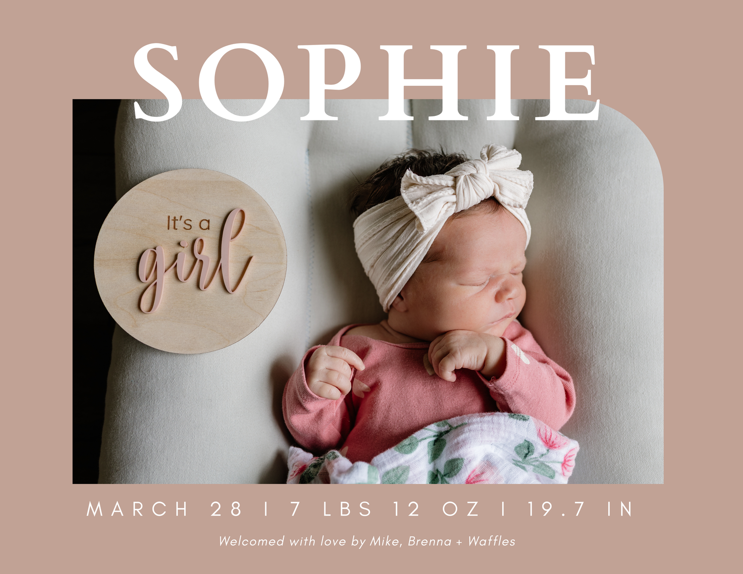 Birth announcement template with pink tones and elegant typography showcasing newborn photos.