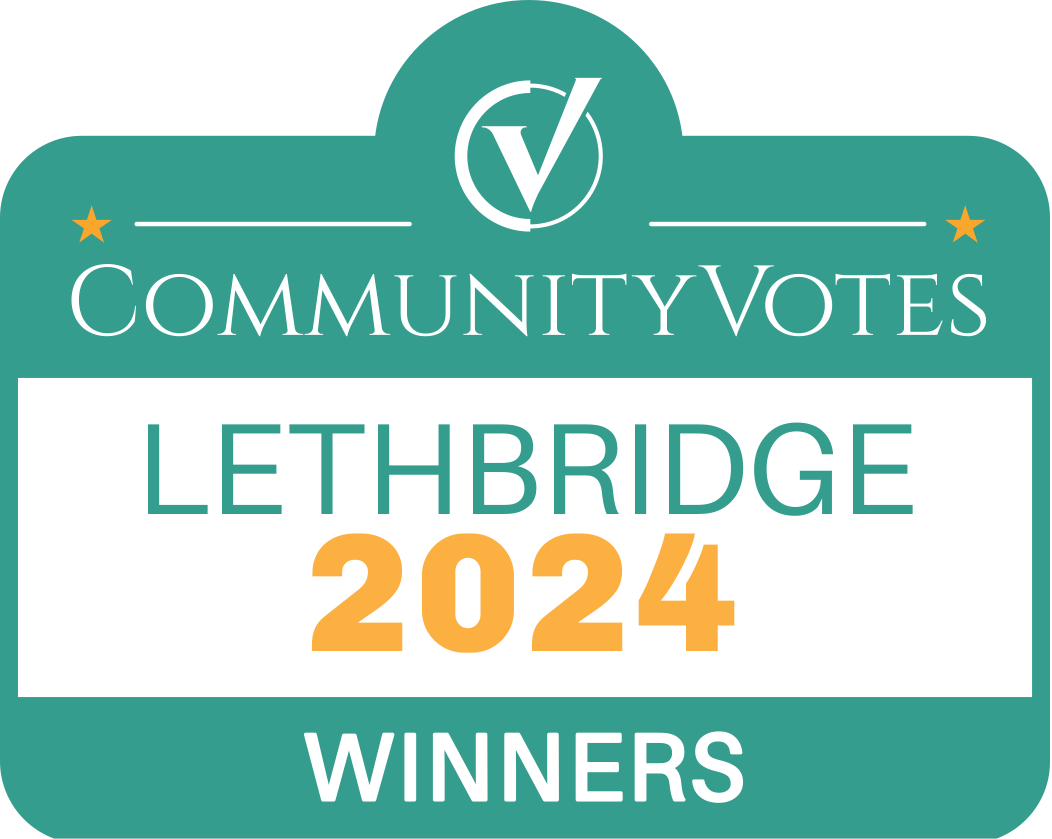 Teal and white graphic design elements showing community vote winners text and Lethbridge 2024 branding.