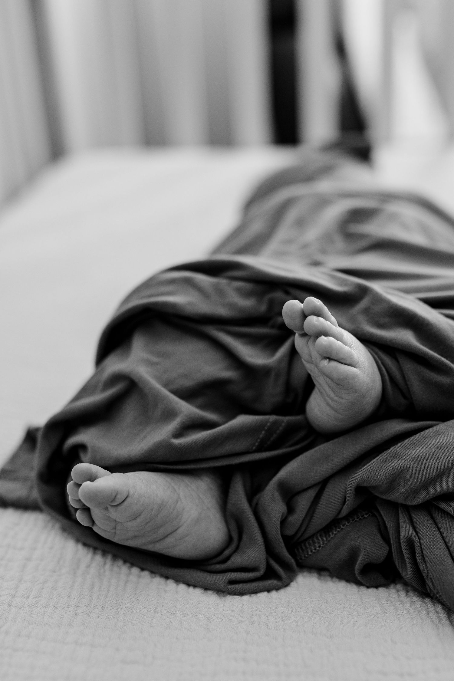 Black and white image of tiny baby feet peeking out from under soft blanket.