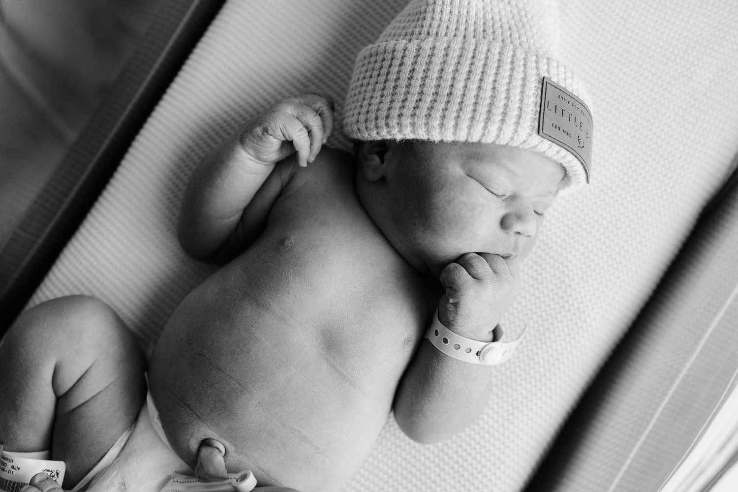 Artistic black and white detail shot of newborn baby's features.
