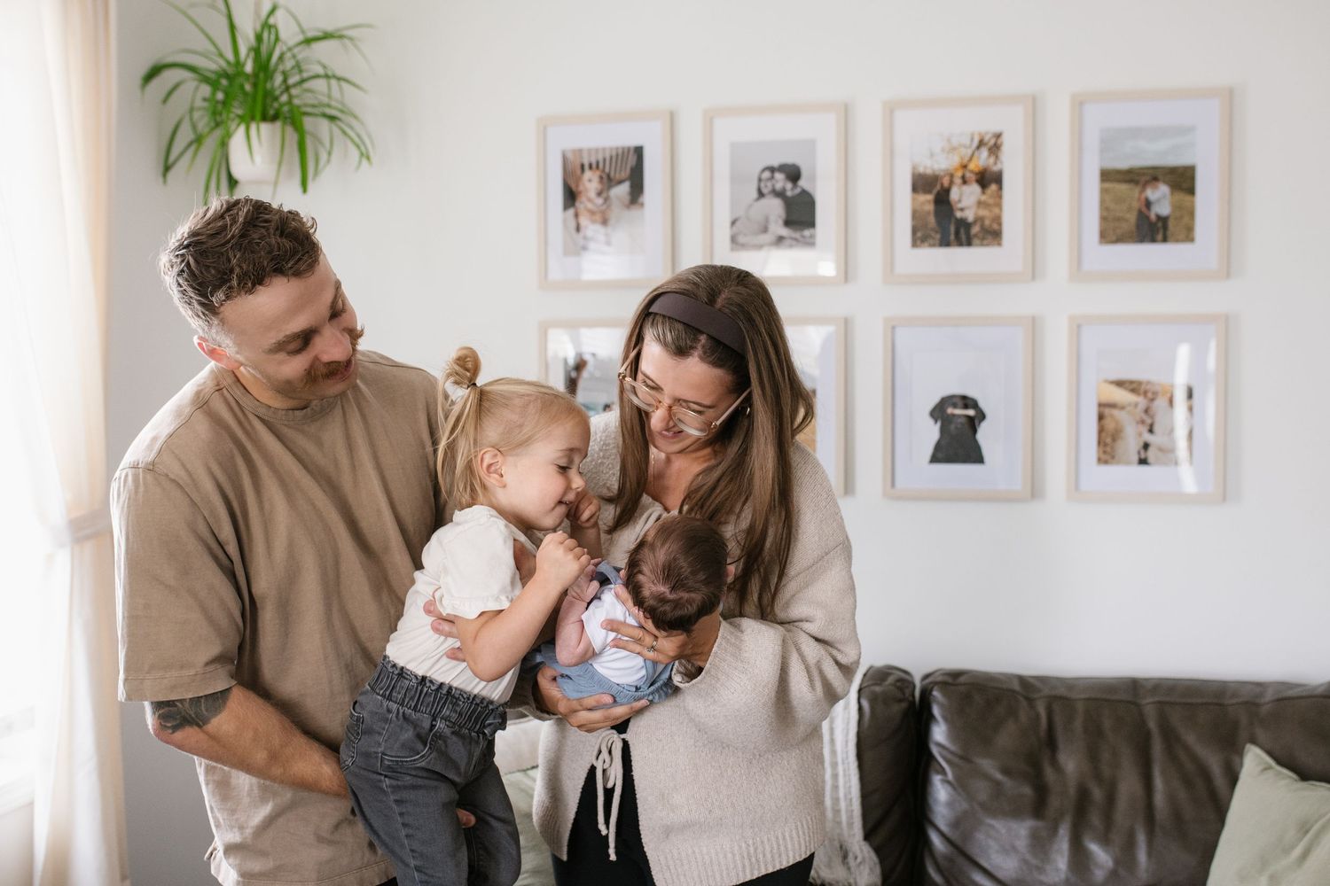 Family photos displayed on white wall above couch with indoor plant decoration.