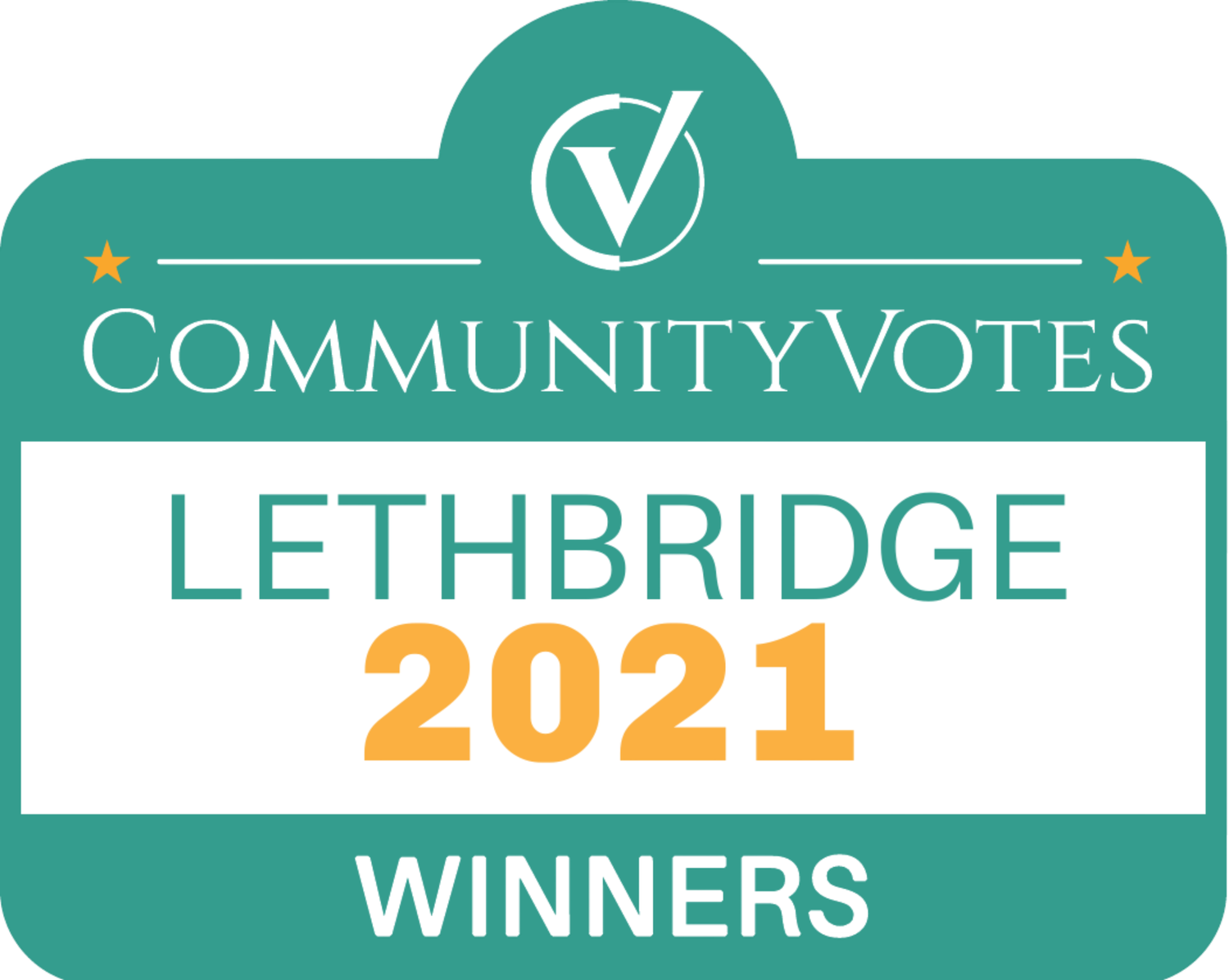 A teal and orange Community Votes Lethbridge 2021 Winners logo badge with checkmark icon and decorative stars.