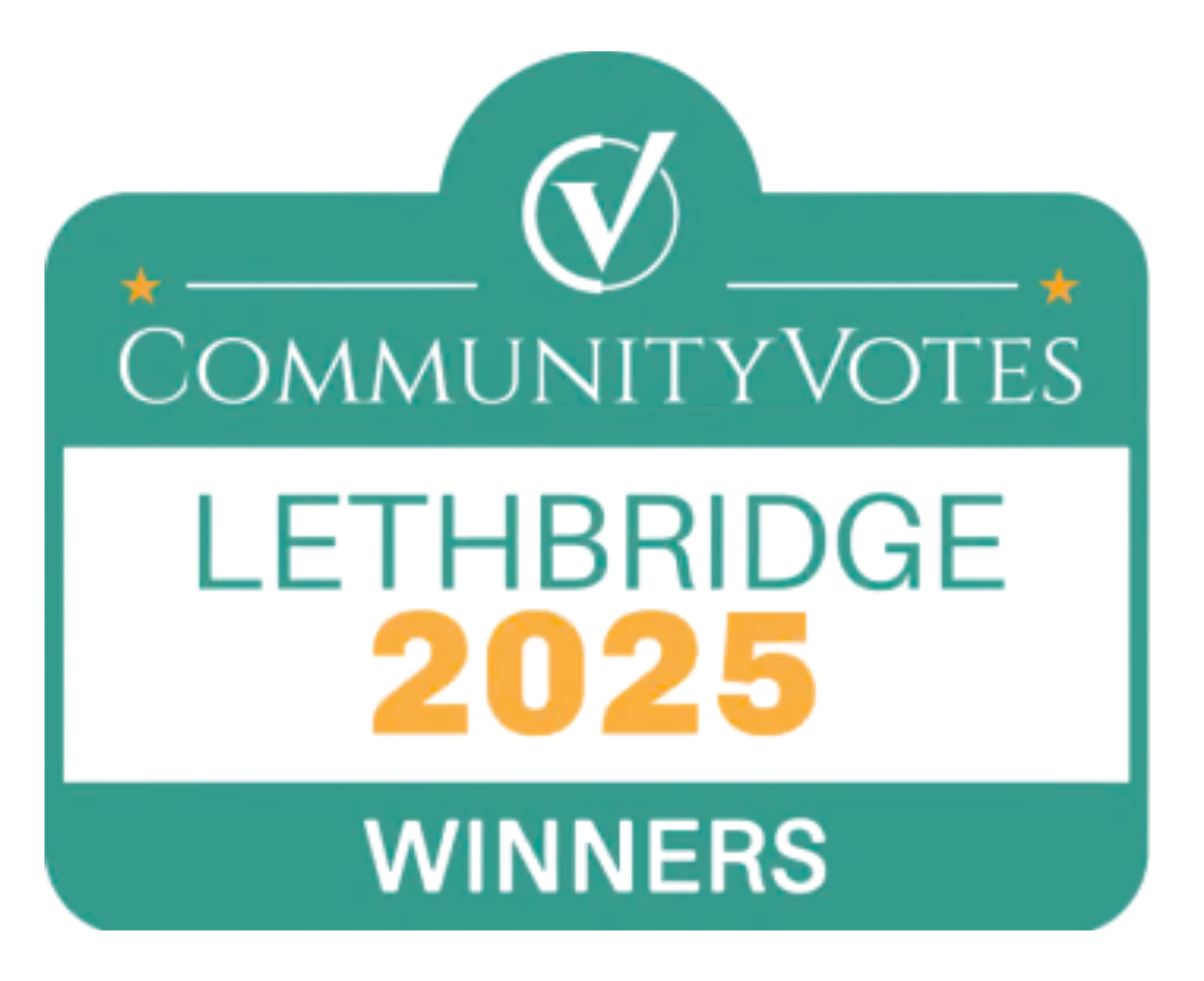 A collection of teal and white award banners featuring 'Community Votes' and 'Lethbridge 2023' text.