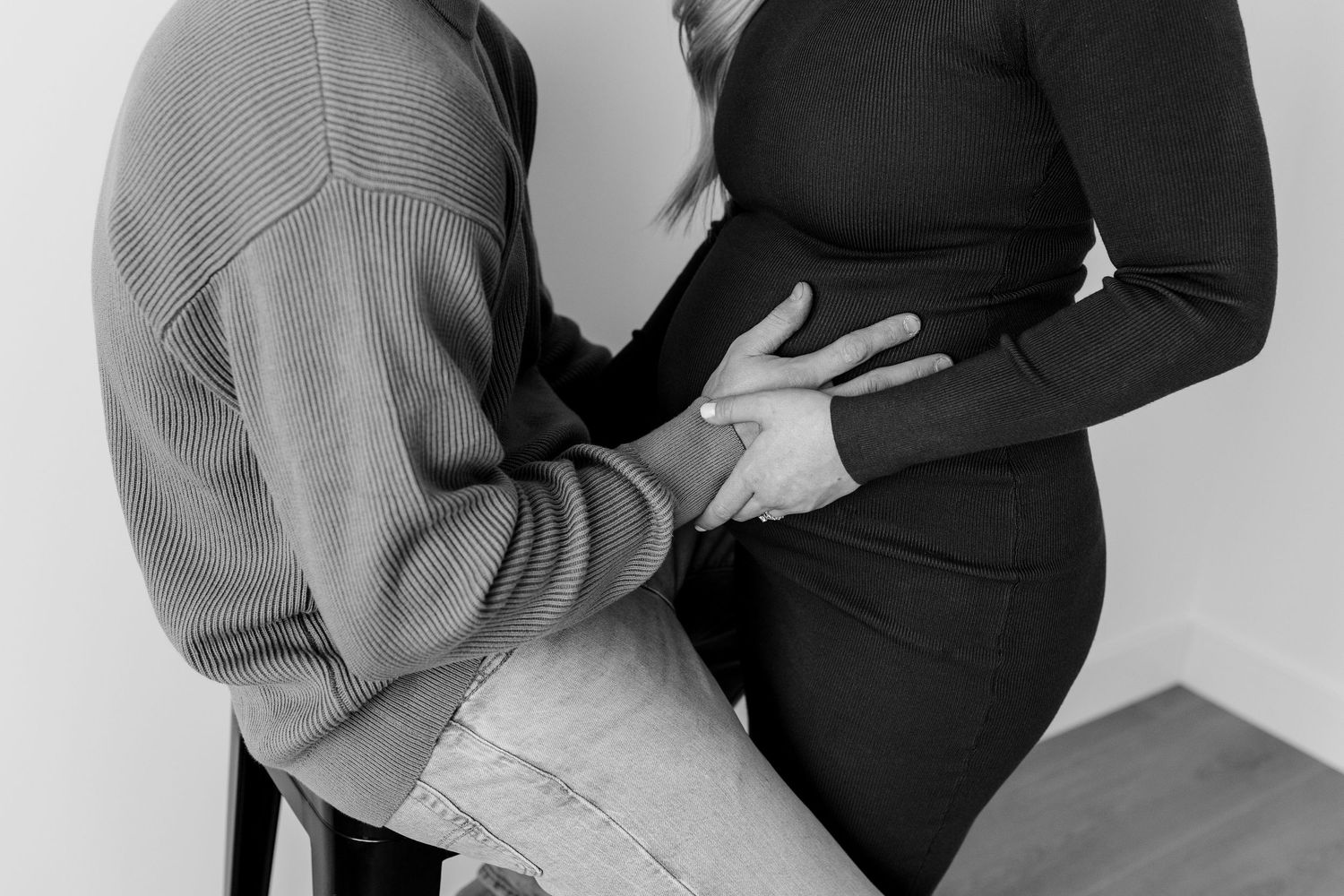 Black and white fashion photo series showing close-up details of elegant formal attire and styling.