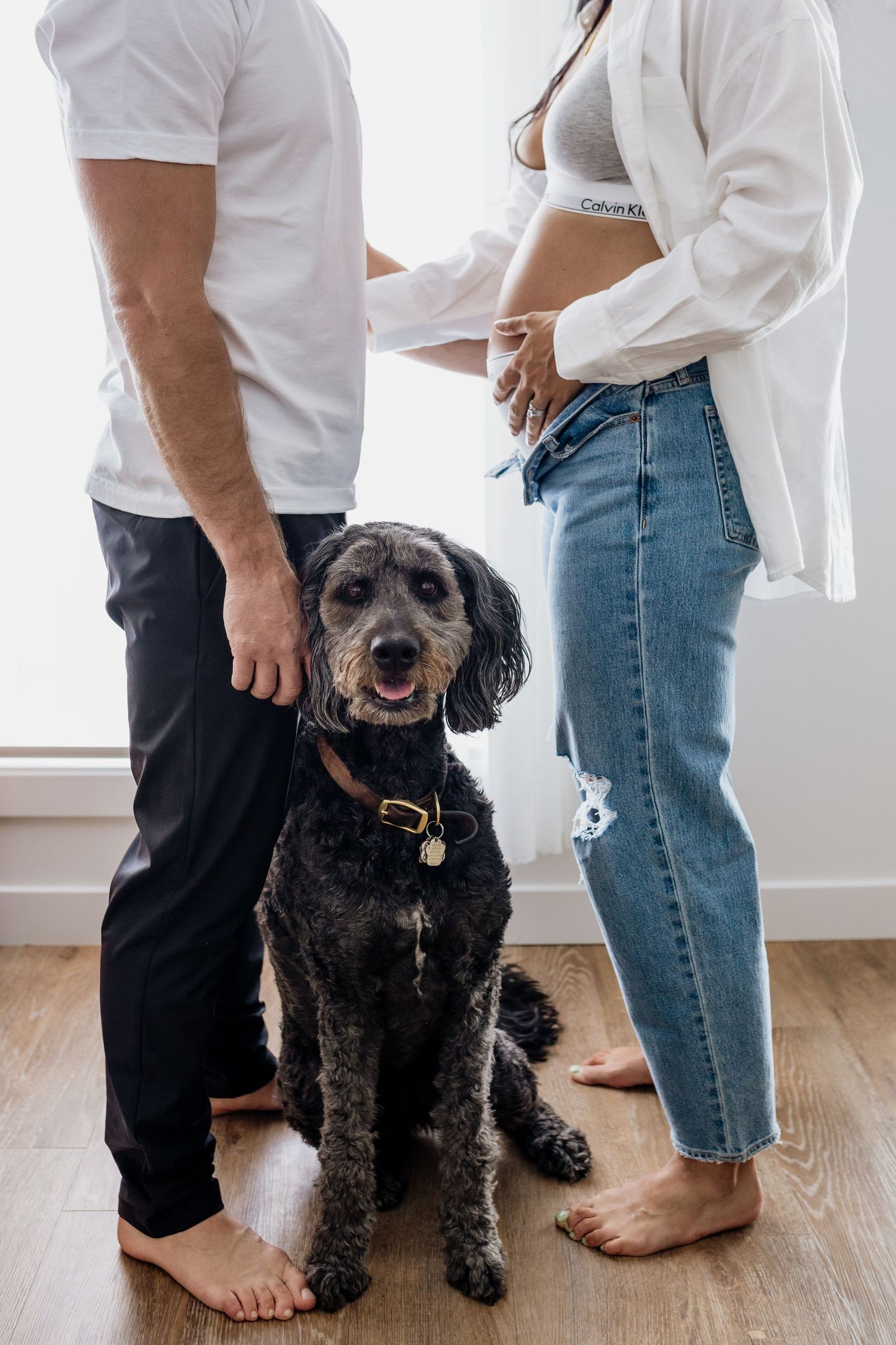 Couple with black doodle dog posing for pregnancy announcement photo on hardwood floor.