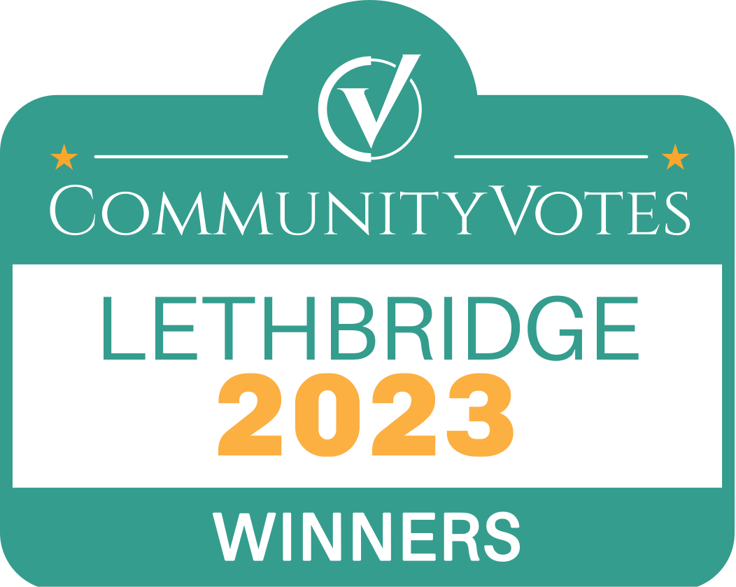 A green and white banner design featuring award winner text and Lethbridge Community Votes 2023 branding.