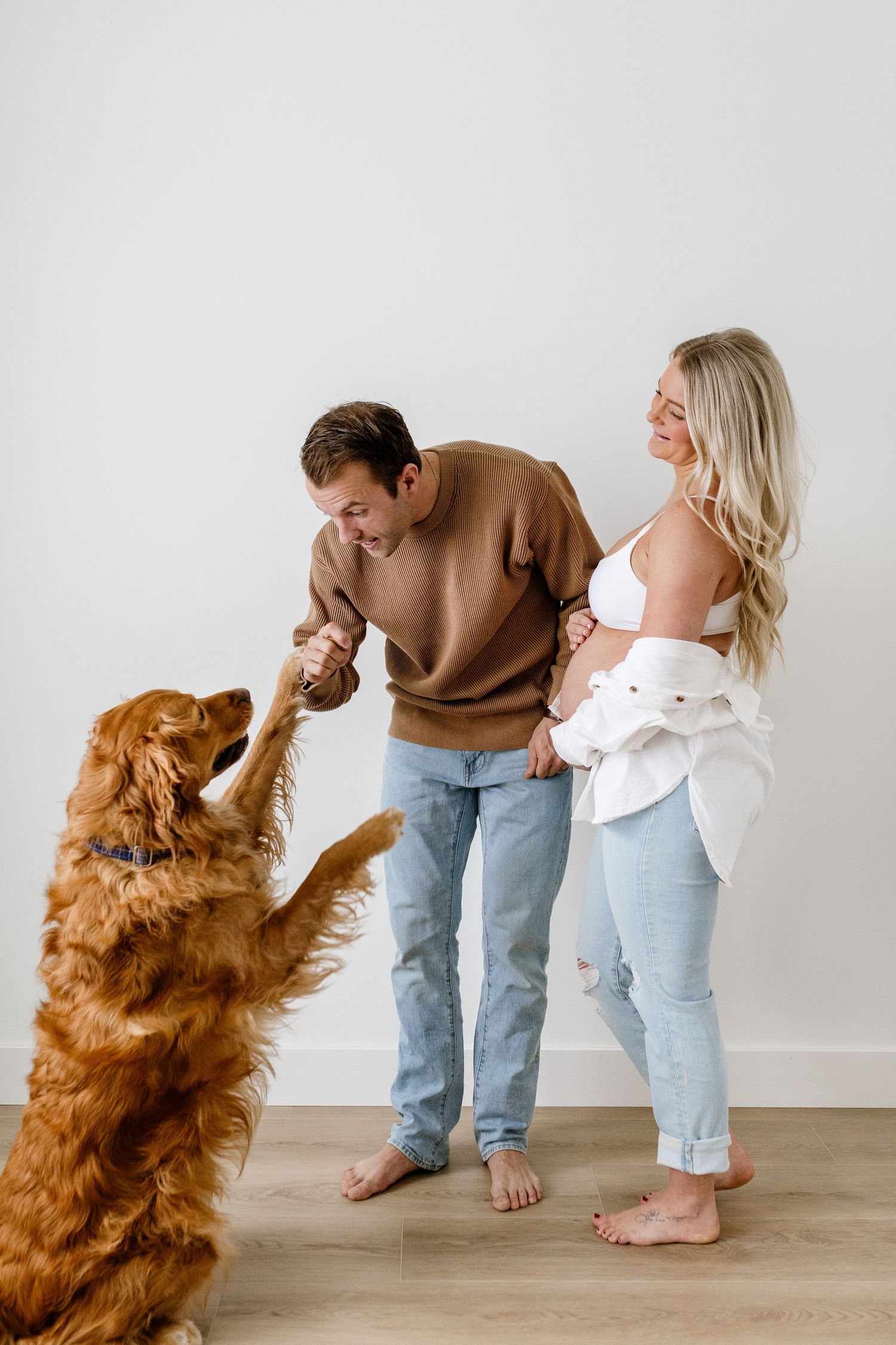 Playful moment with couple and their golden retriever in bright studio setting.