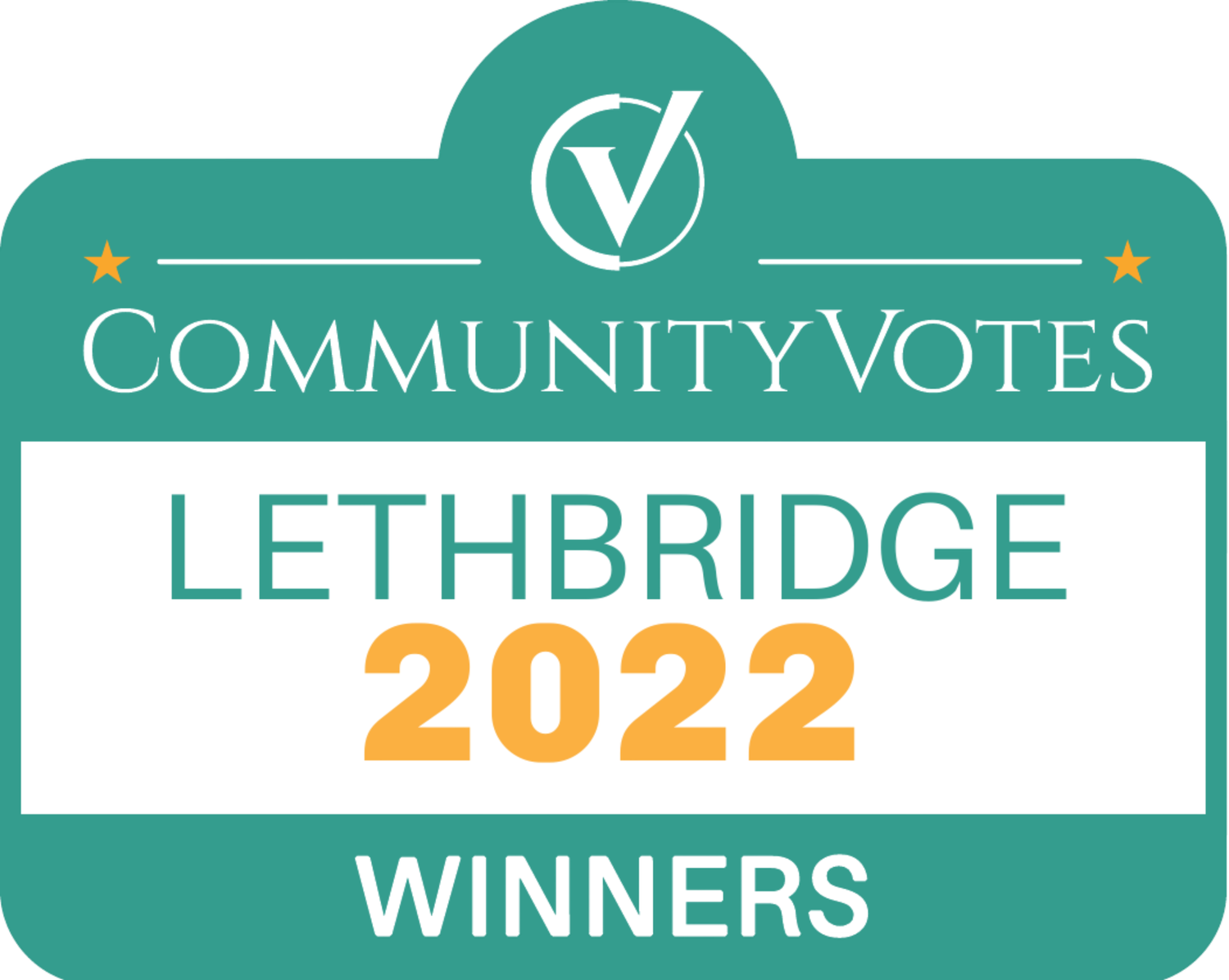 A teal and white graphic banner showing 'Community Votes' and 'Winners' text with decorative stars and checkmark icons.