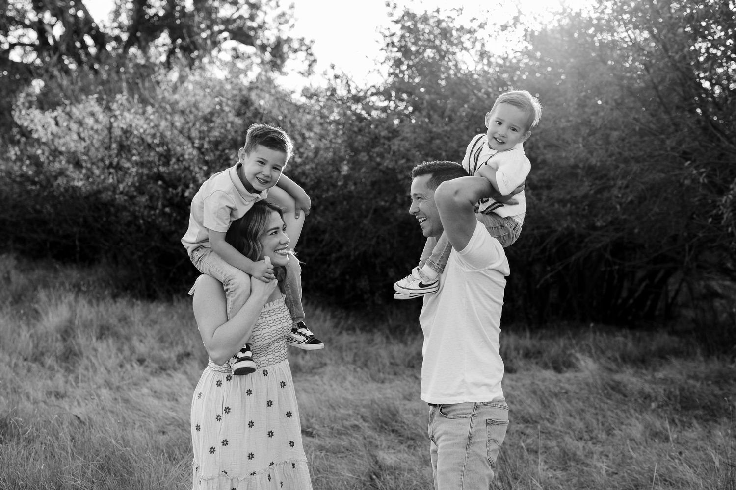 Family playing together in a sunlit field during golden hour.