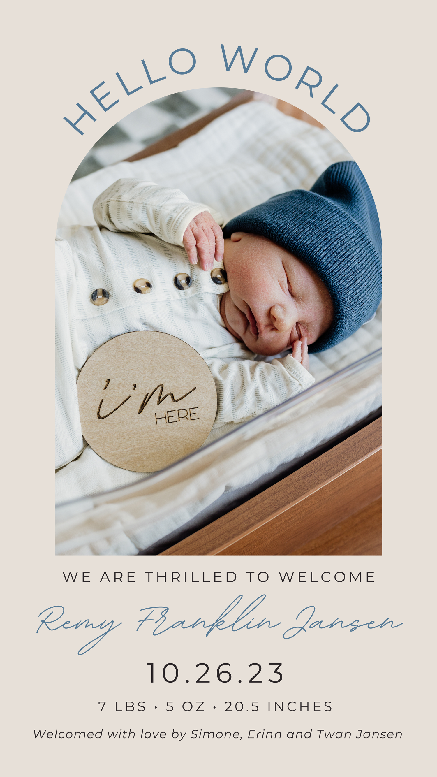 Birth announcement design with blue text and newborn photos on beige background.