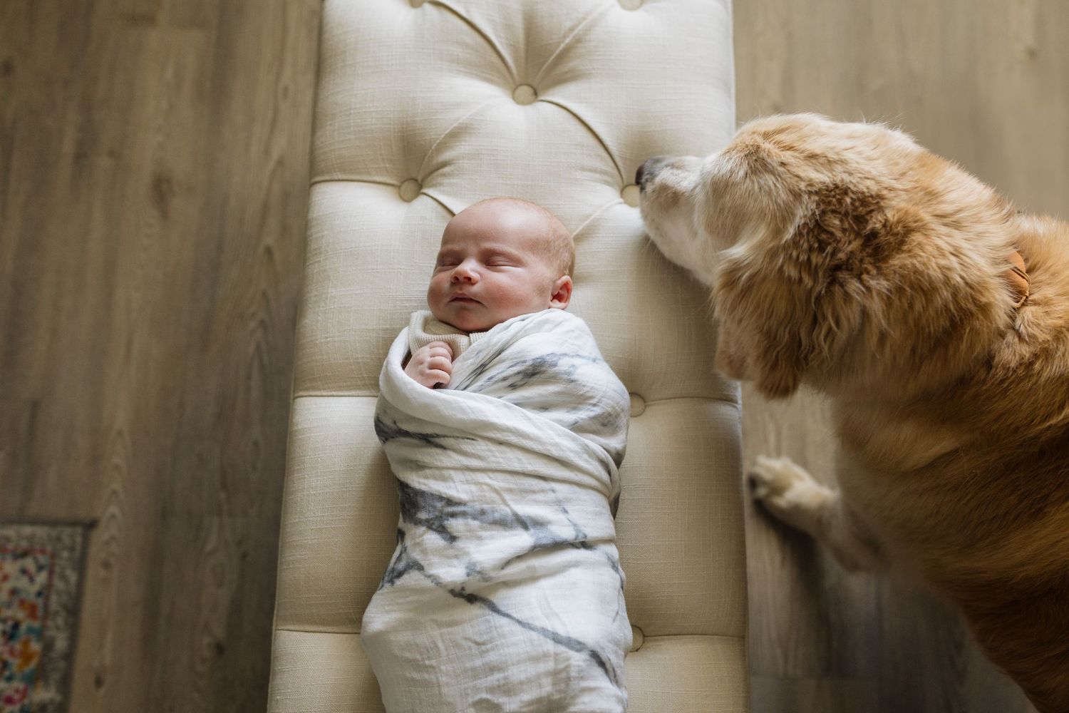 A series of tender moments showing a parent cradling and bonding with their newborn baby.