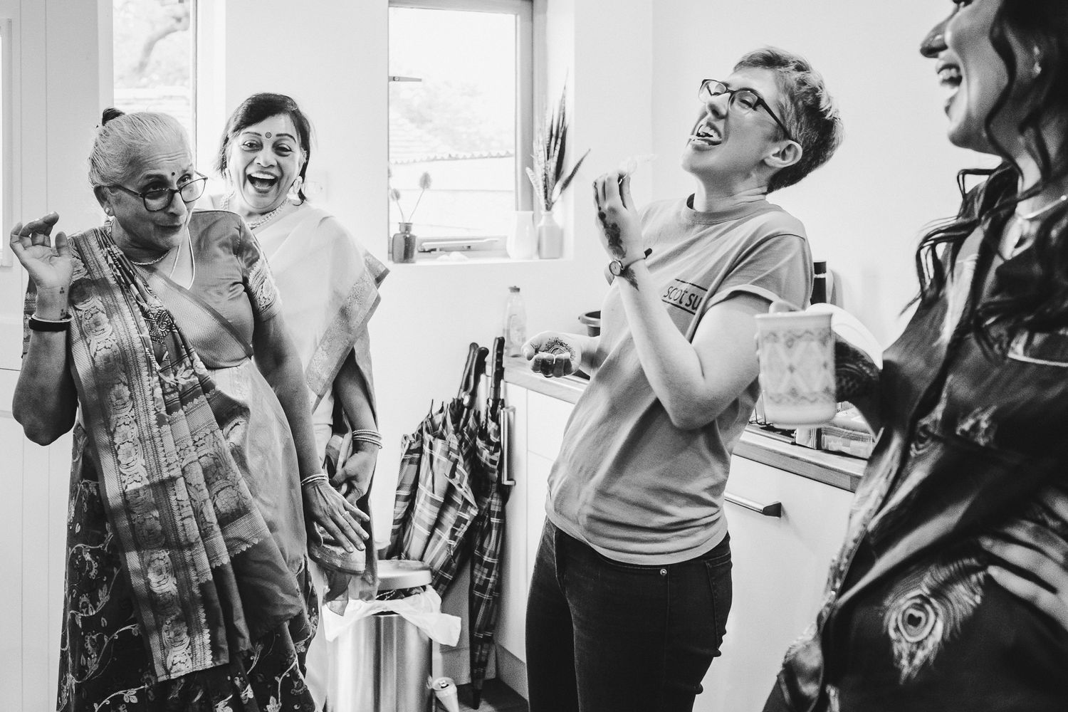 Black and white photos capturing candid laughter and joy at social gathering.