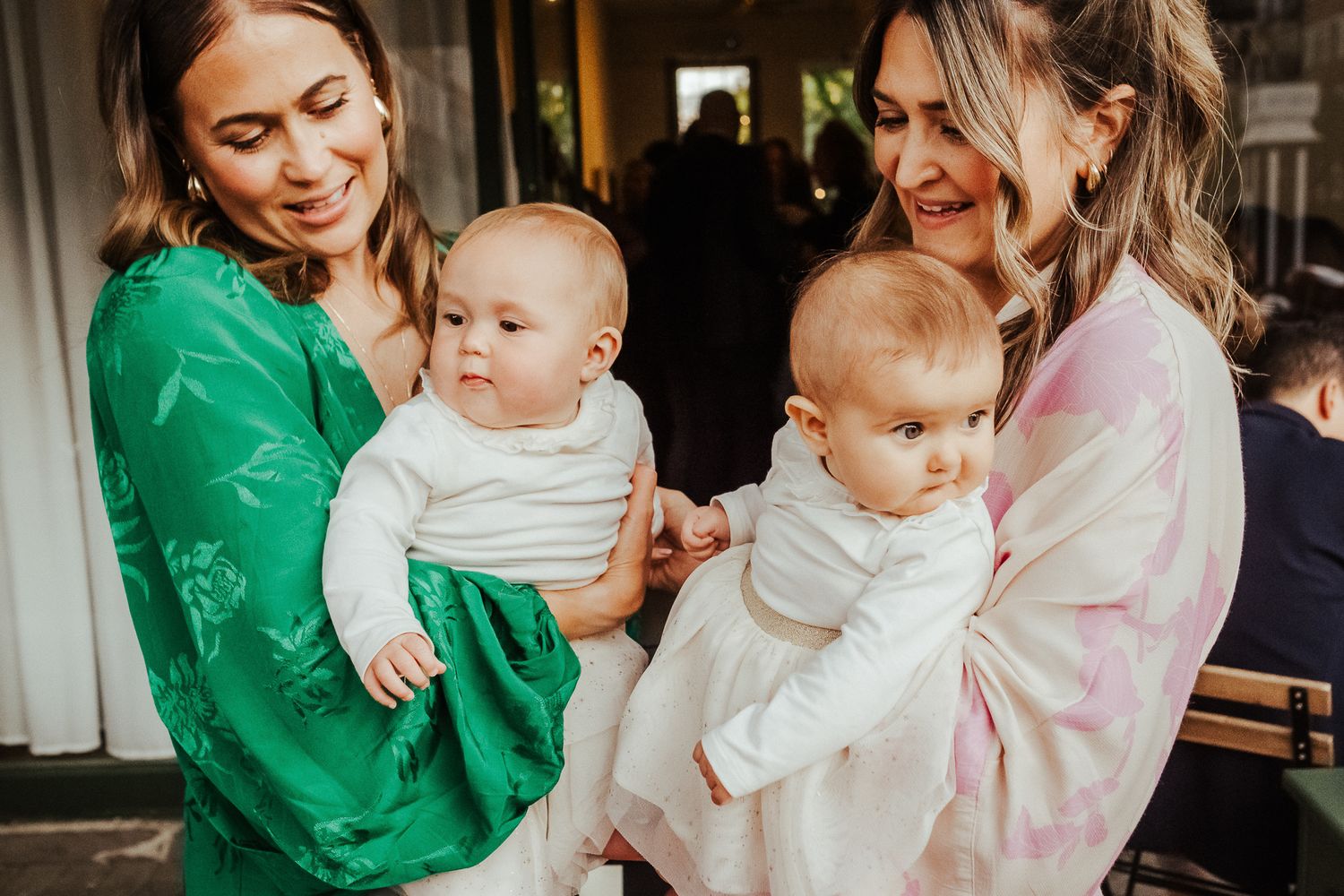 Three sequential photos show candid loving moments between people in green and pink clothing with infants indoors.