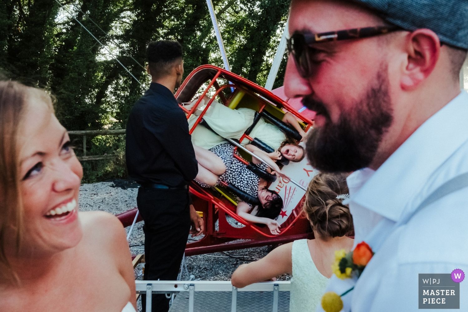A collection of candid wedding moments showing guests and couples celebrating outdoors at a summer reception.