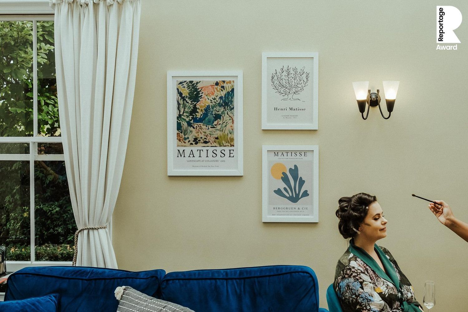 A collection of interior design photos showing curtains, artwork, and furniture in a bright, modern home setting.