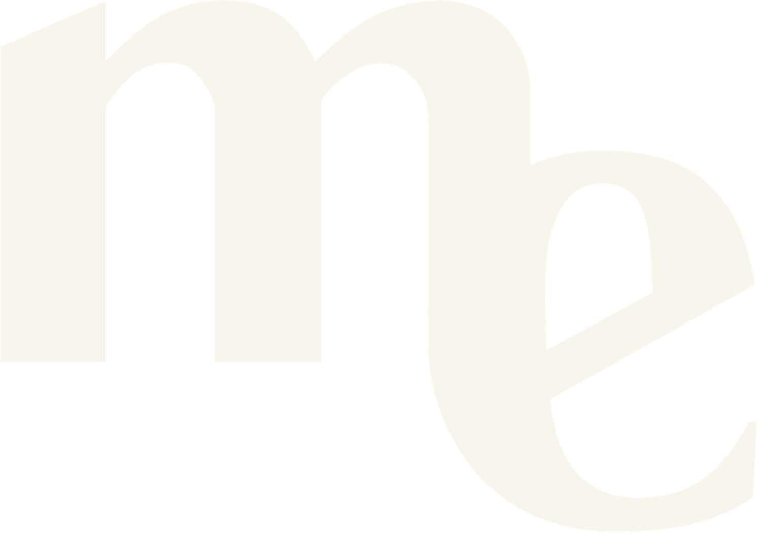 Stylized lowercase letters 'm' and 'e' in elegant serif font displayed in cream color on white background.