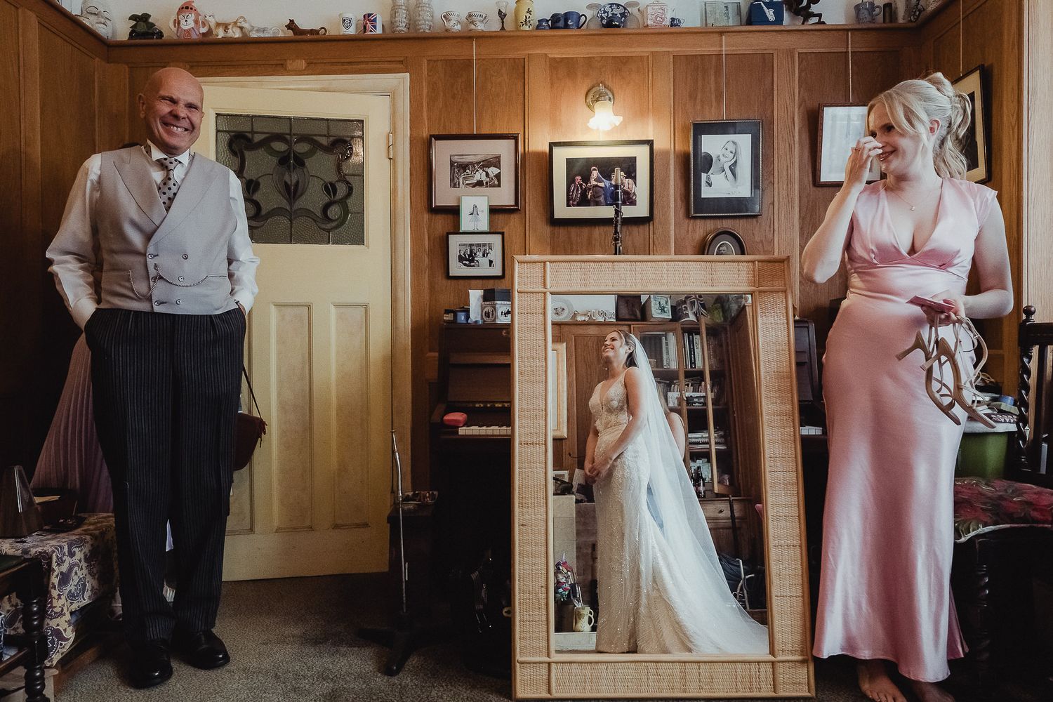 A series of wedding photos showing moments from a special day in a rustic indoor venue with wooden walls and decor.