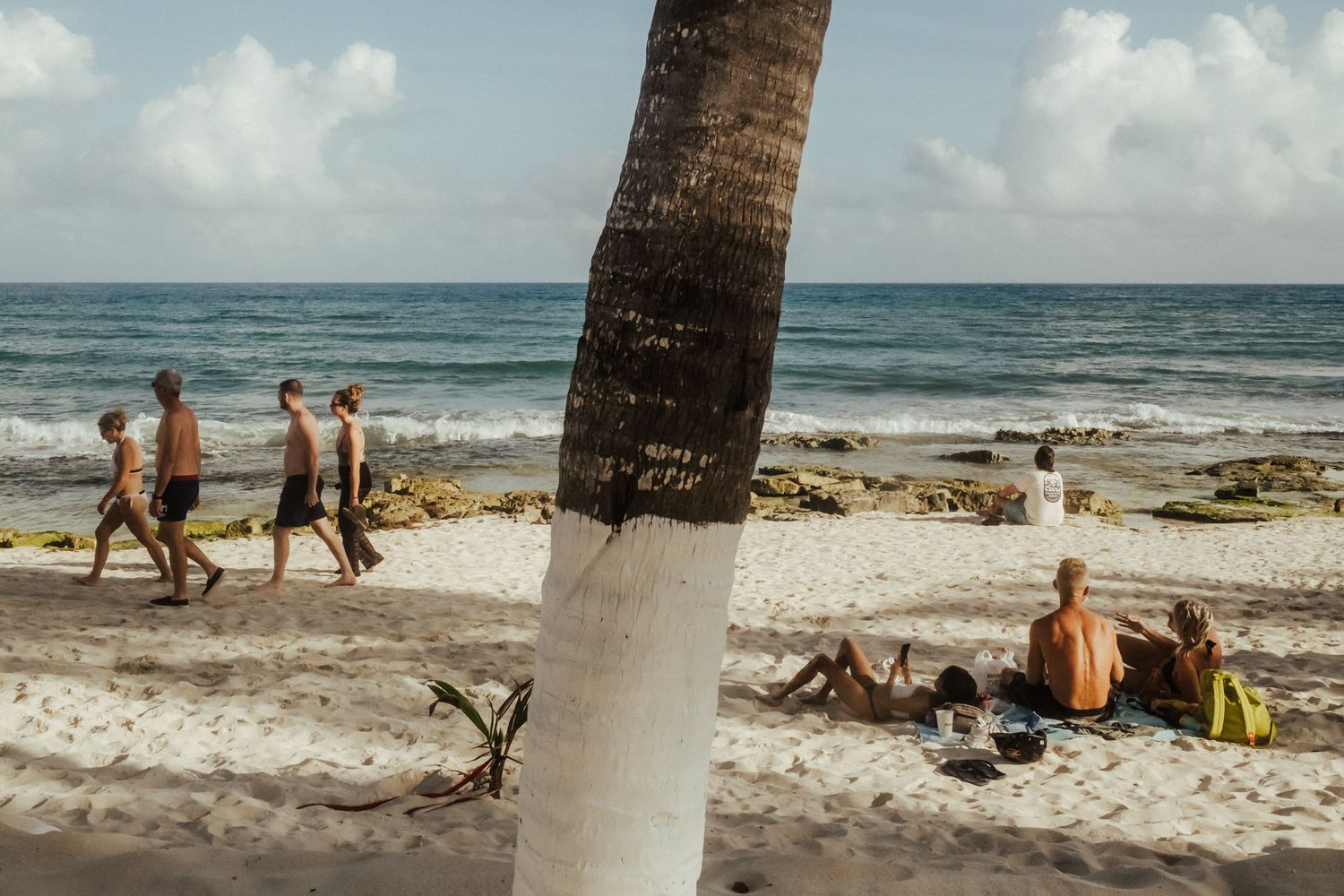 Palm trees line a tropical beach with white sand and turquoise waters as beachgoers enjoy the sunny day.