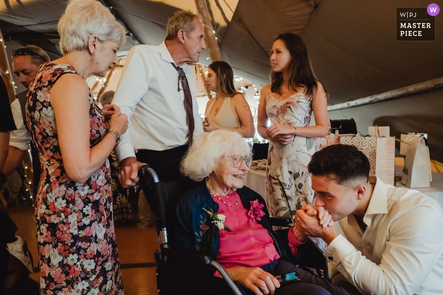 A series of candid moments at a wedding reception showing guests dancing and celebrating together in warm indoor lighting.