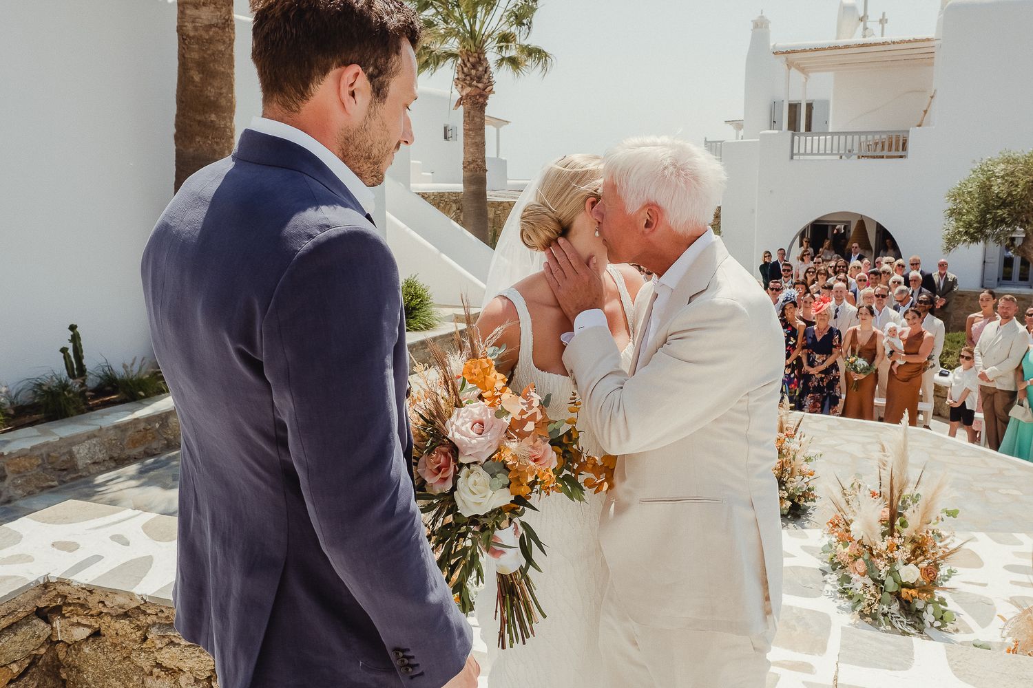 A series of romantic wedding ceremony moments captured outdoors showing intimate exchanges and floral details.
